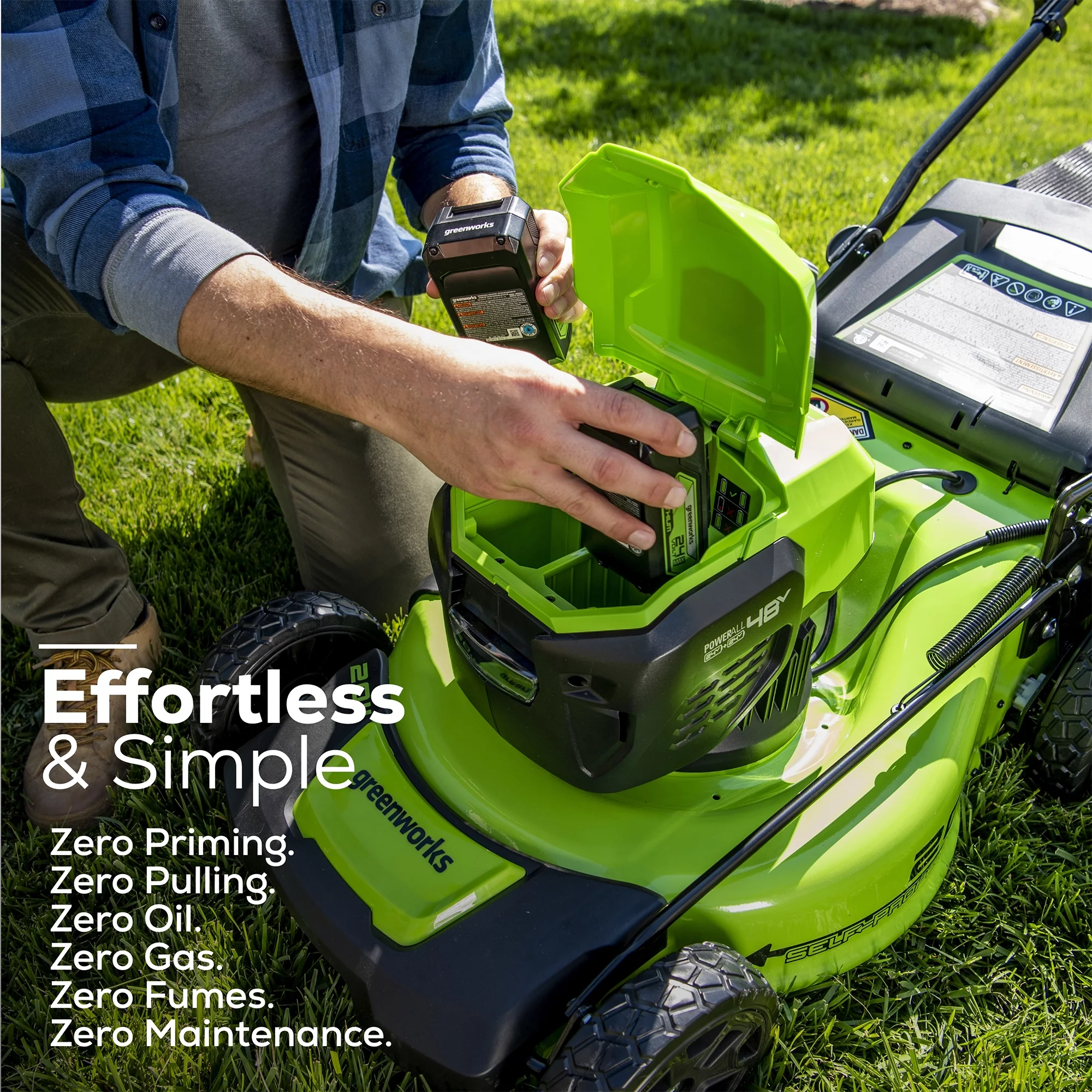 Greenworks 48V 20″ Battery-Powered Lawn Mower Two (2) 4.0Ah USB Batteries & Charger