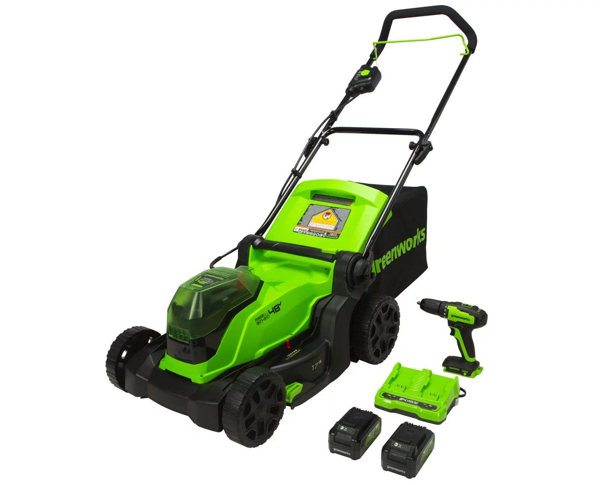 Greenworks 48V 17″ Brushless Cordless Lawn Mower + 24V Brushless Drill / Driver, (2) 4.0Ah USB Batteries (USB Hub) and Dual Port Rapid Charger Included (2 x 24V)