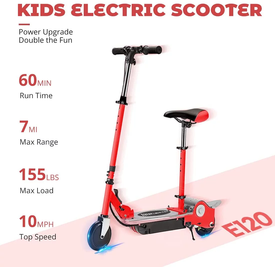 Maxtra Scooters Folding Electric Scooter with Removable Seat, Adjustable Height for Kid’s Ages 6-12, 60 Min Run Time