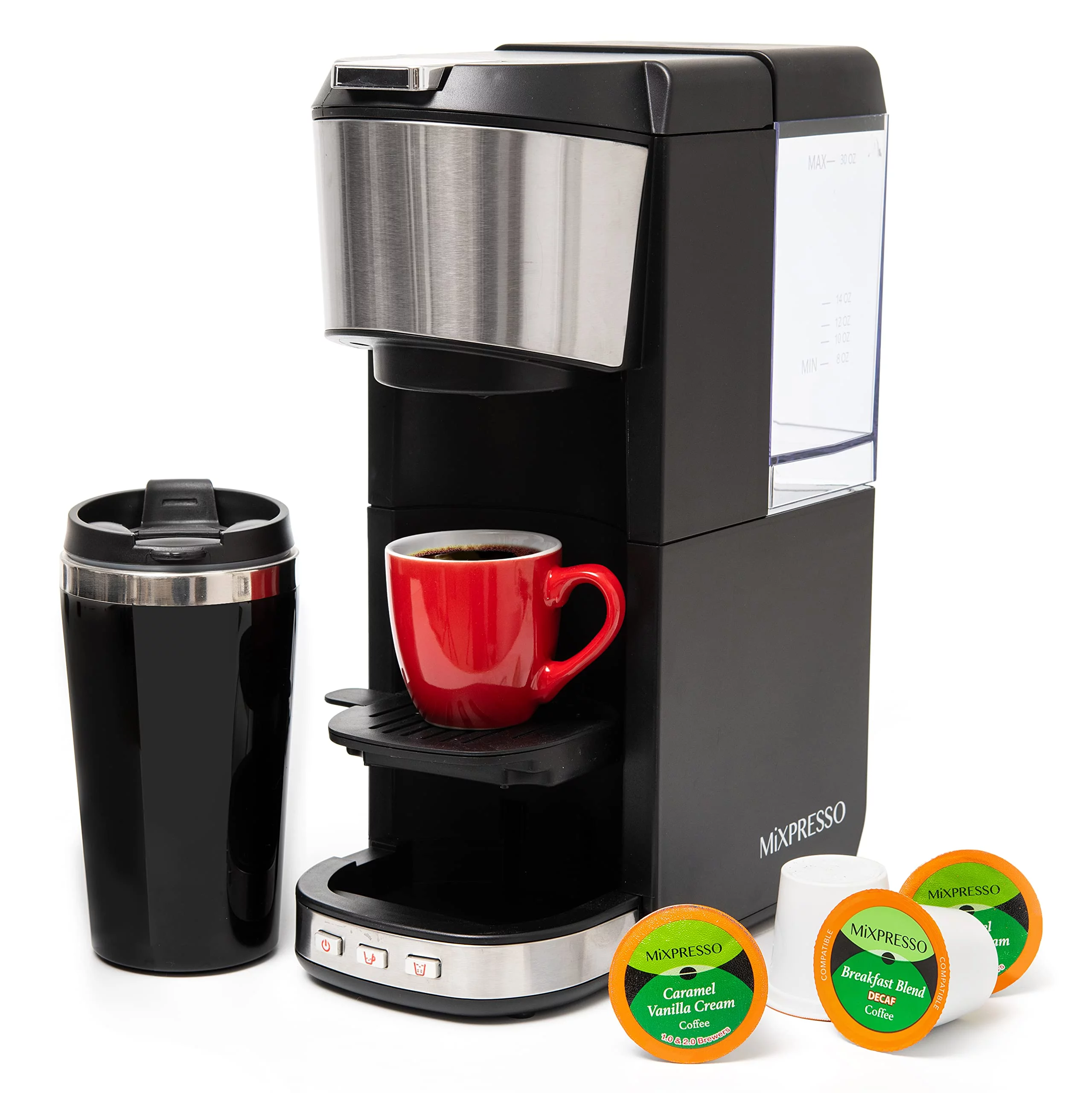 Mixpresso Single Serve Coffee Maker with K Cup Pods, 14oz Travel Mug, Reusable Filter and 30oz Removable Water Tank