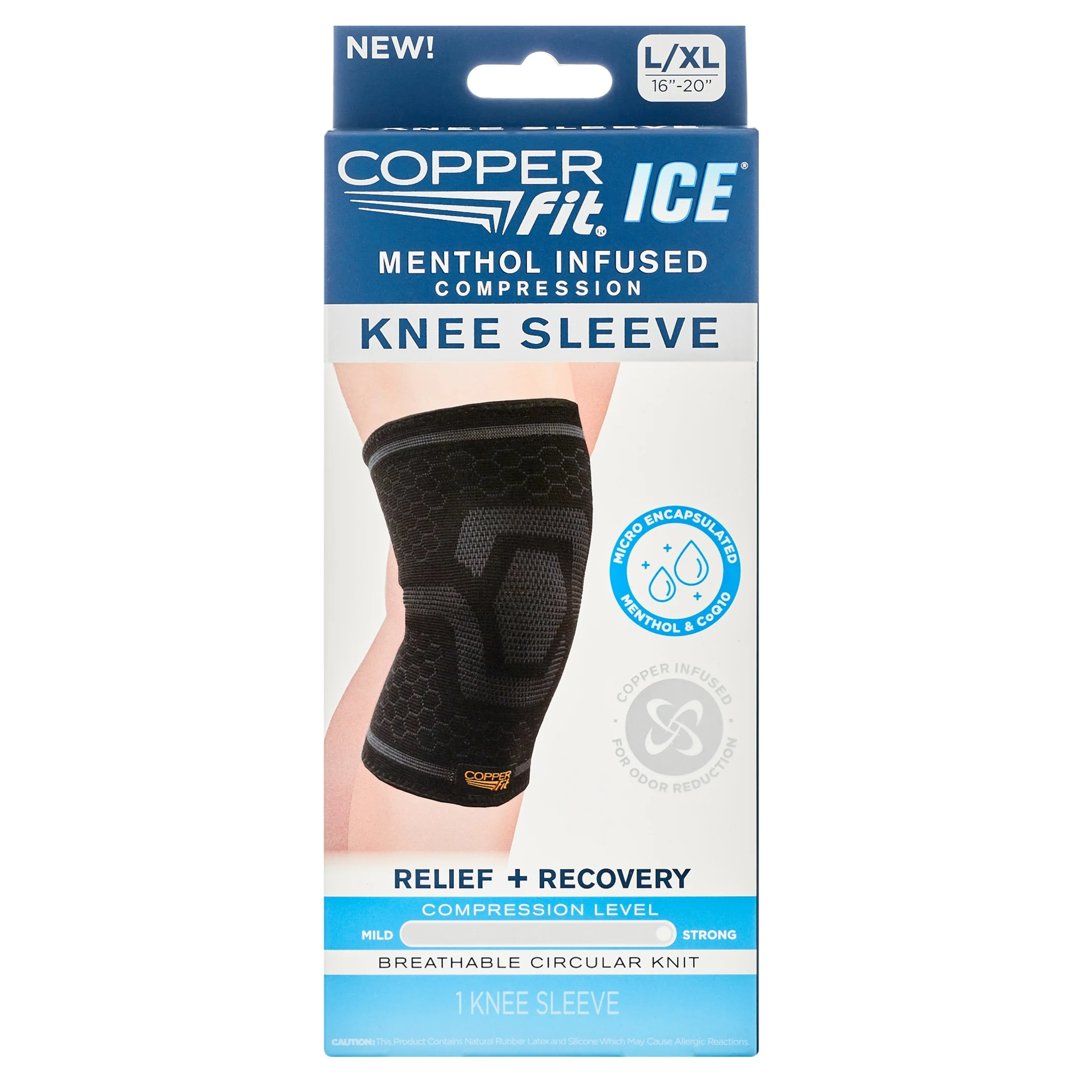 Copper Fit Ice Knee Compression Sleeve Infused with Menthol, Large/XL, Black, 1-Pack