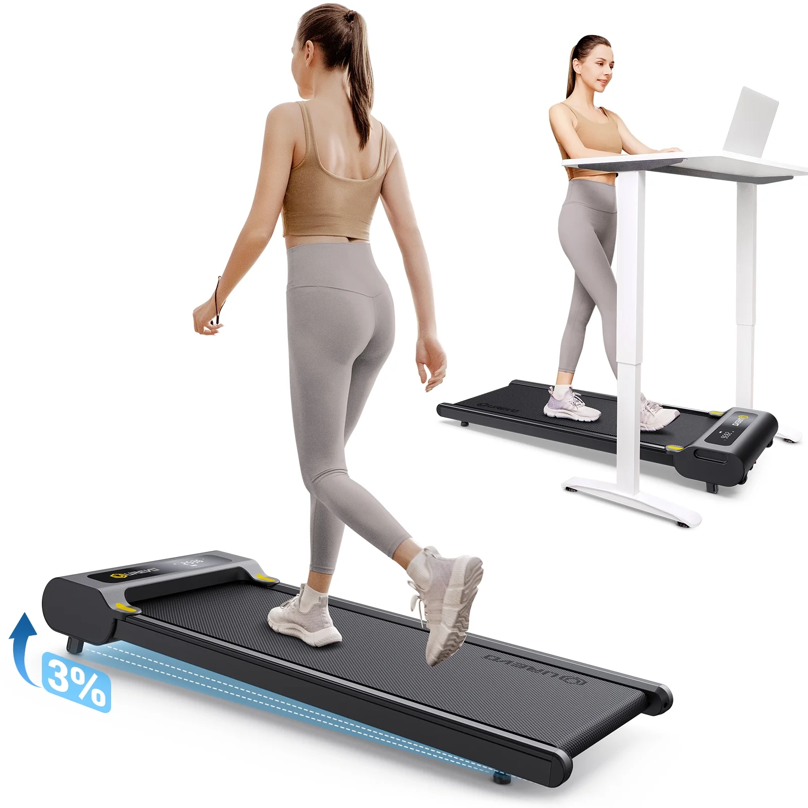 UREVO Walking Pad with Incline, Manual Incline Under Desk Treadmill for Home/Office, 3% Inclined, 265lbs Weight Capacity