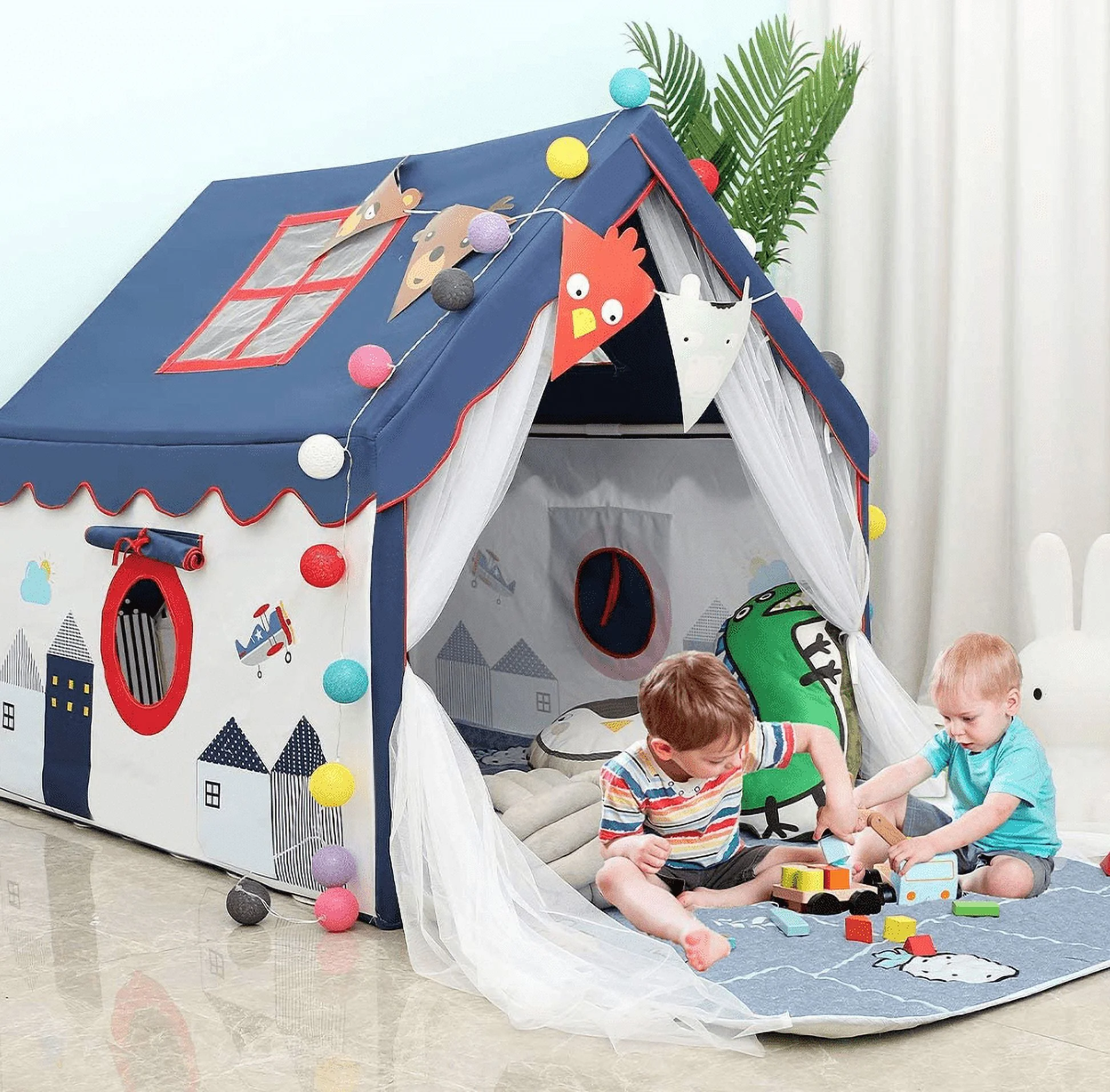 Kids Tents Indoor Playhouses Boys 9.9Ft Star String Lights Blue Tent for Boys Upgraded Large Kids Indoor Tents and Playhouses Longer Curtain with Colorful Accessories Decoration 50.4″ x 47.3″