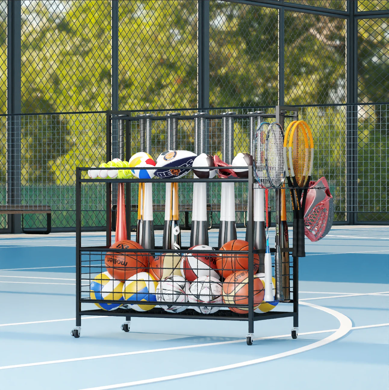 Werseon Garage Basketball Rack, Ball Storage Stand, 4 Tier Rolling Balls Organizer with Holder & Hooks, 41 x 15 x 46 Inch