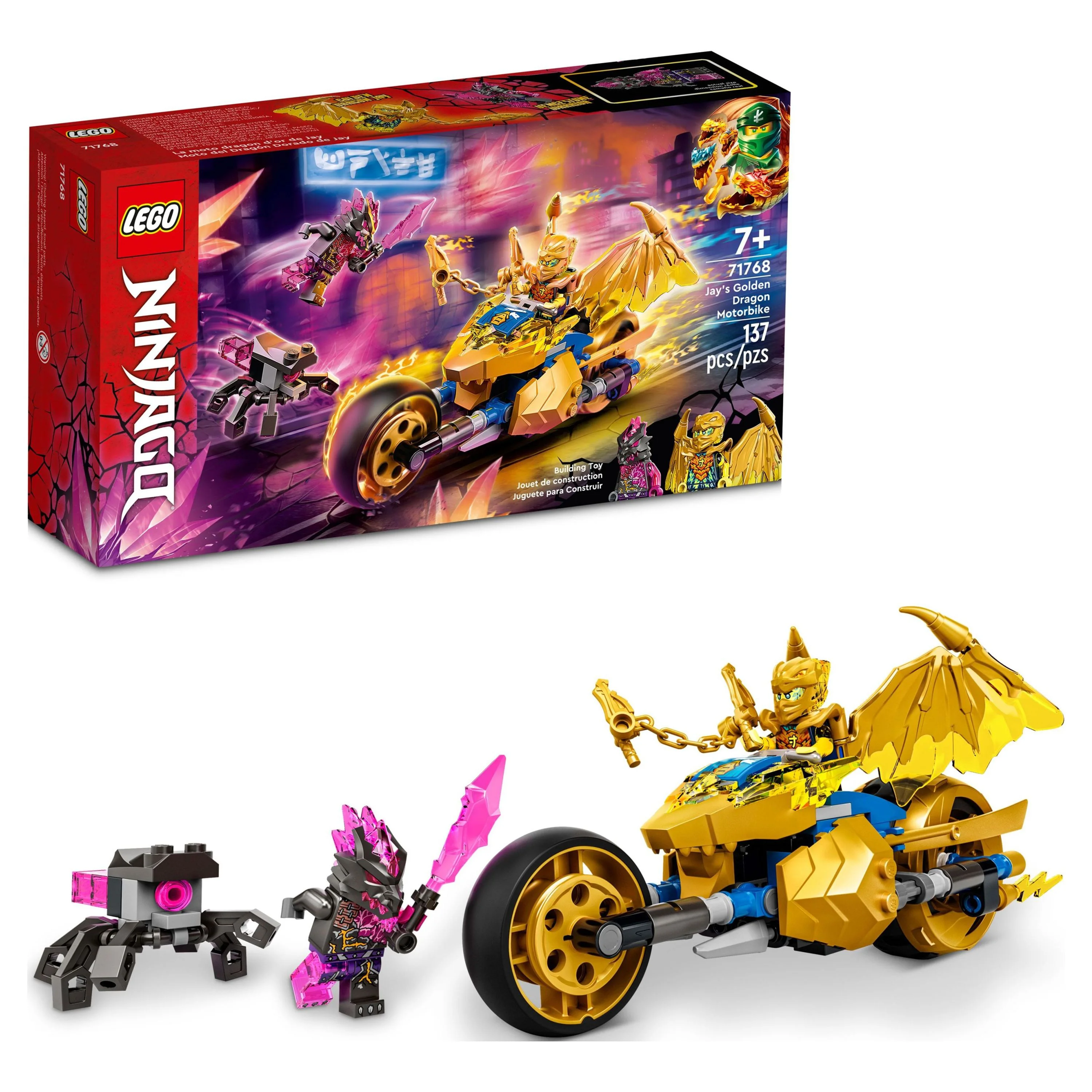 LEGO NINJAGO Jay’s Golden Dragon Set, 71768 Toy Motorcycle with Dragon, Spider Figure and Jay Minifigure, Birthday Gift Idea For Kids 7 Plus