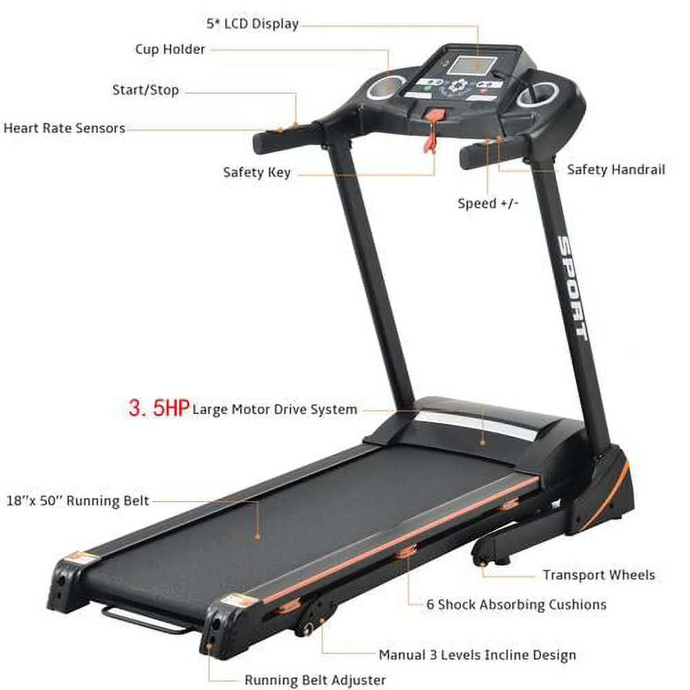 Treadmill Folding Electric 3.5HP Treadmill With Incline Medium Running Machine Motorised LCD Gym 330lbs Folding Treadmill Electric Motorized Power 14.8KM/H Running Fitness Machine Gym