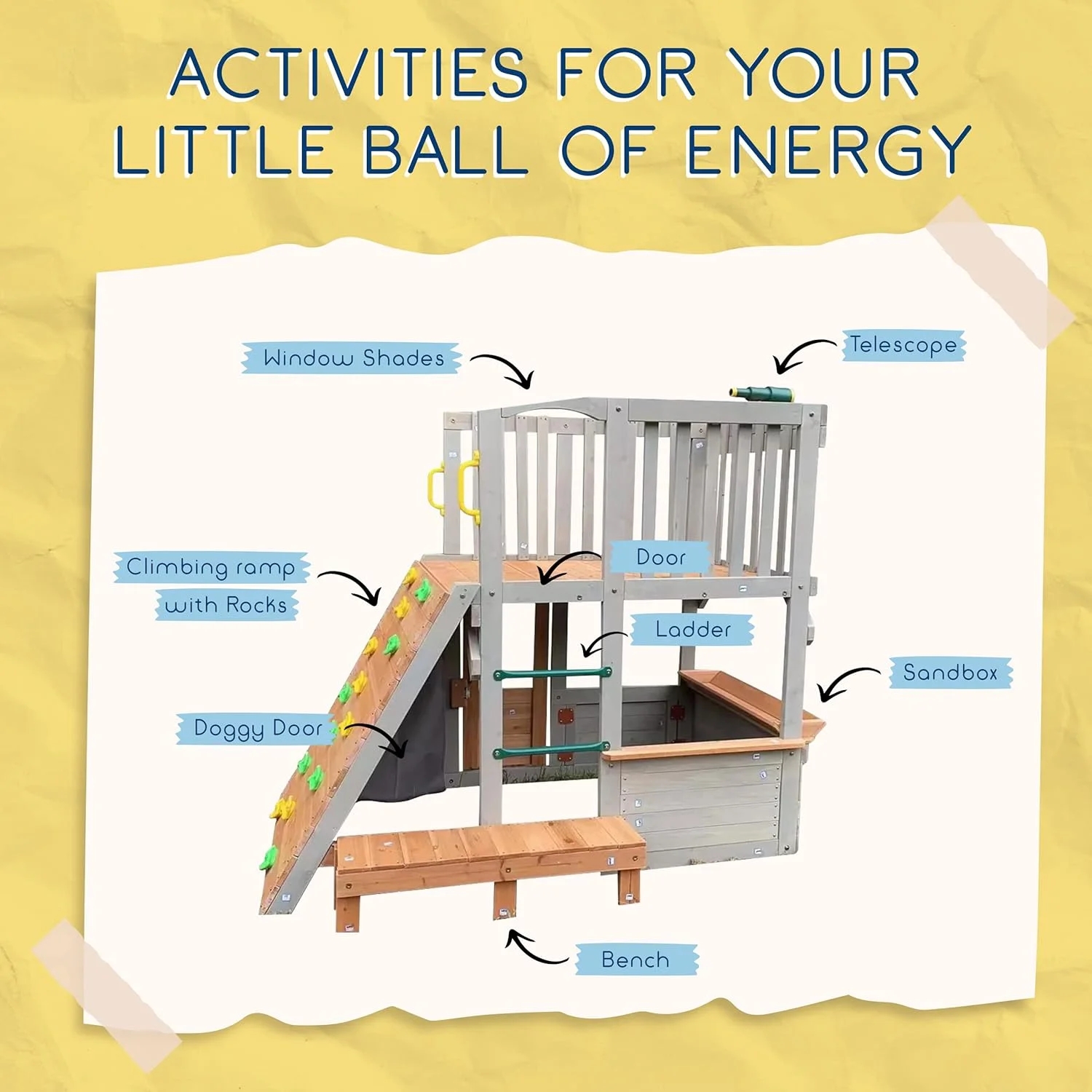 Large Playhouse for Kids Outdoor – Funphix Wooden Playhouse with Sandbox, Bench, Play Telescope, Ladder, Climbing Ramp & Doors – Durable 2 Levels Lookout Post Outdoor Playset for Backyard