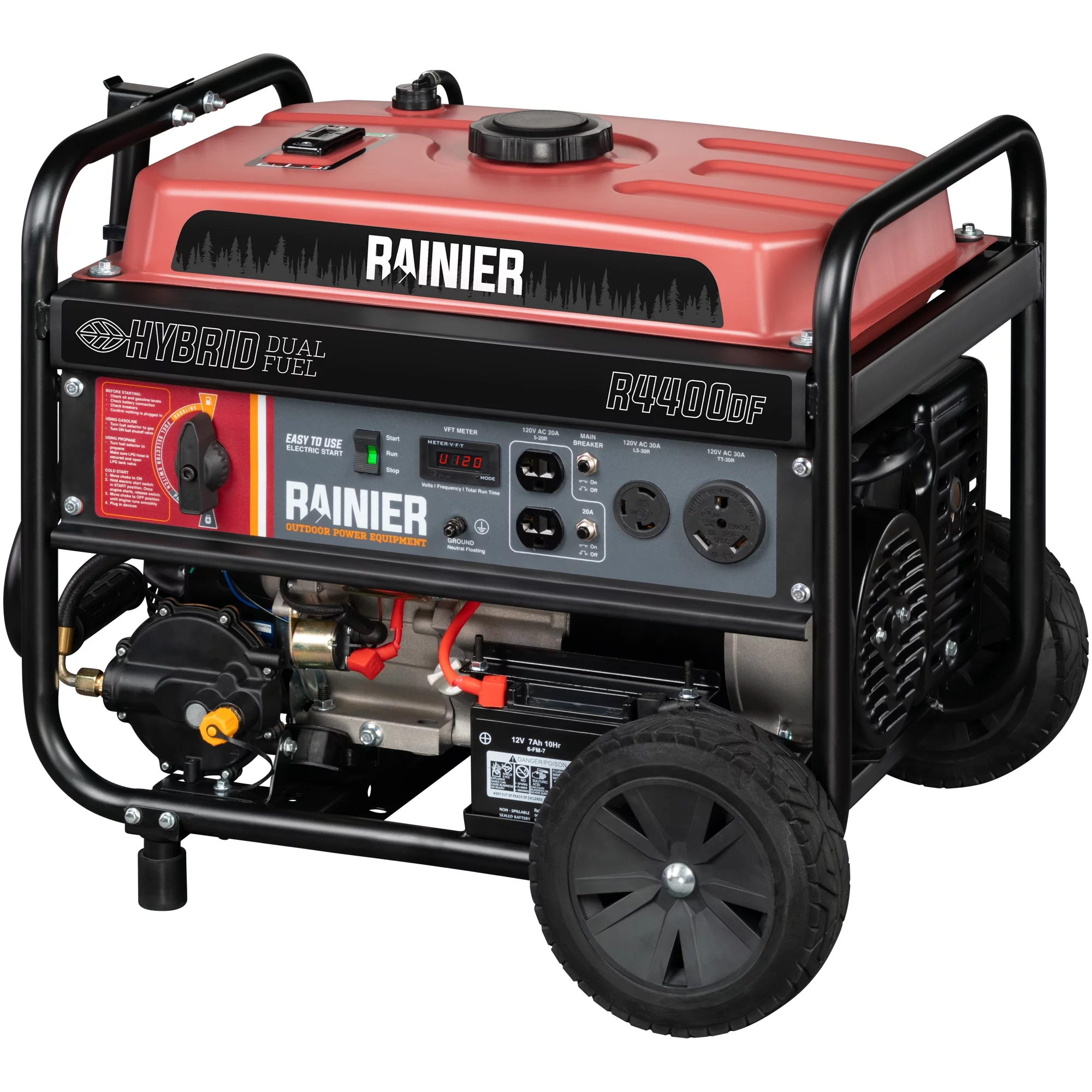 Rainier 4400 Peak Watt Dual Fuel Portable Generator, Gas or Propane with Electric Start and RV Ready Outlet