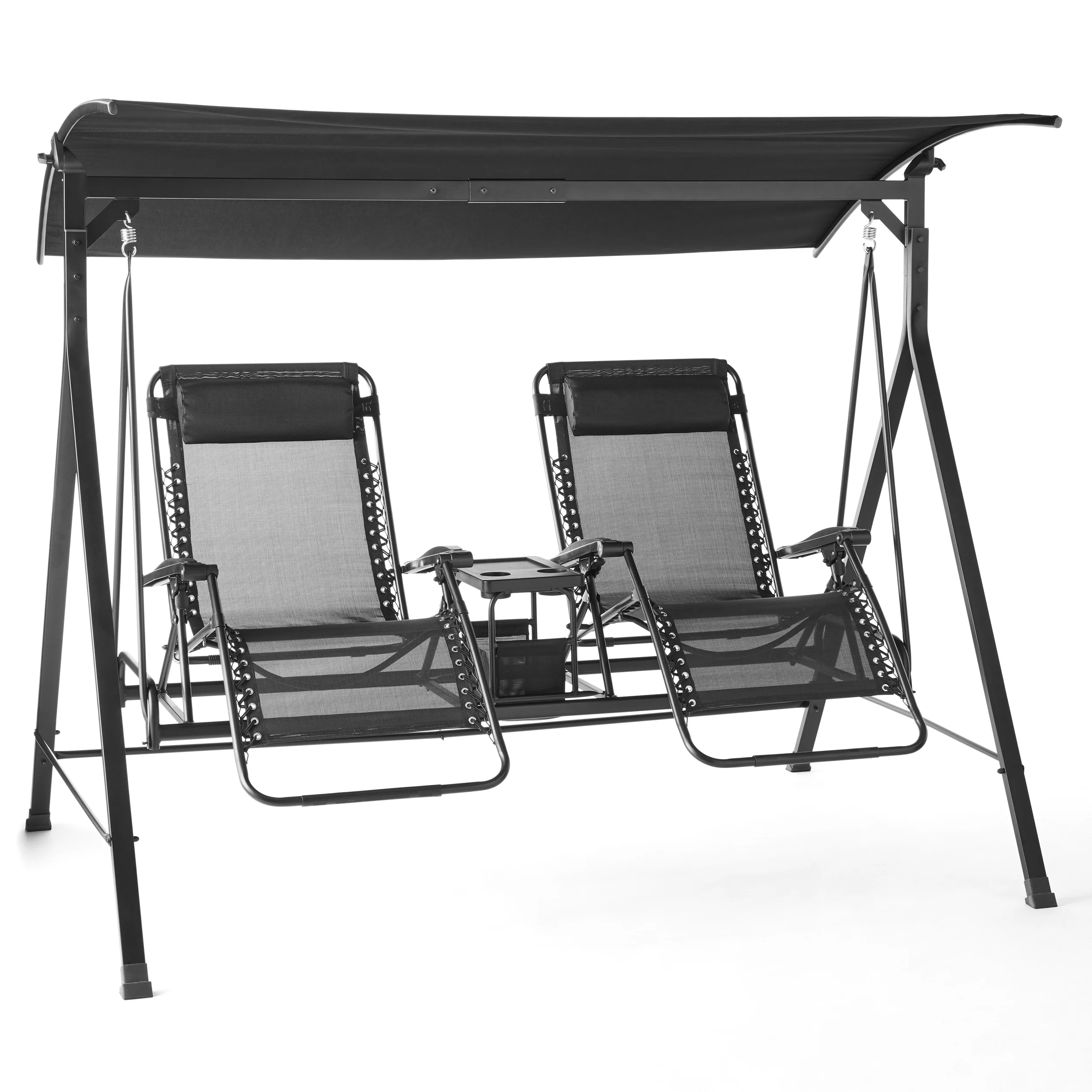 Mainstays 2-Seat Reclining Oversized Zero-Gravity Swing with Canopy and Center Storage Console, Black