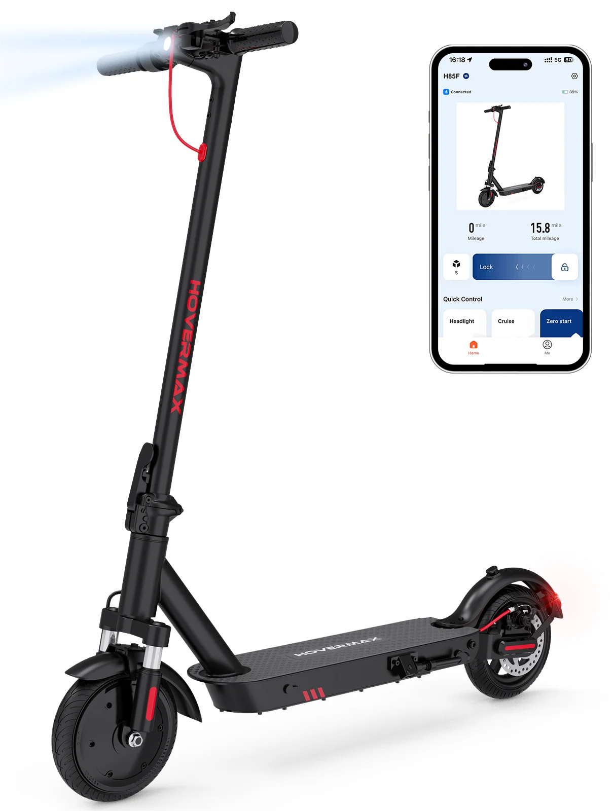 HOVERMAX Electric Scooter 350W Motor Up to 18.6 MPH & 19 Miles, 8.5” Solid Tires Adults Electric Scooter with APP Control, Foldable and Commute