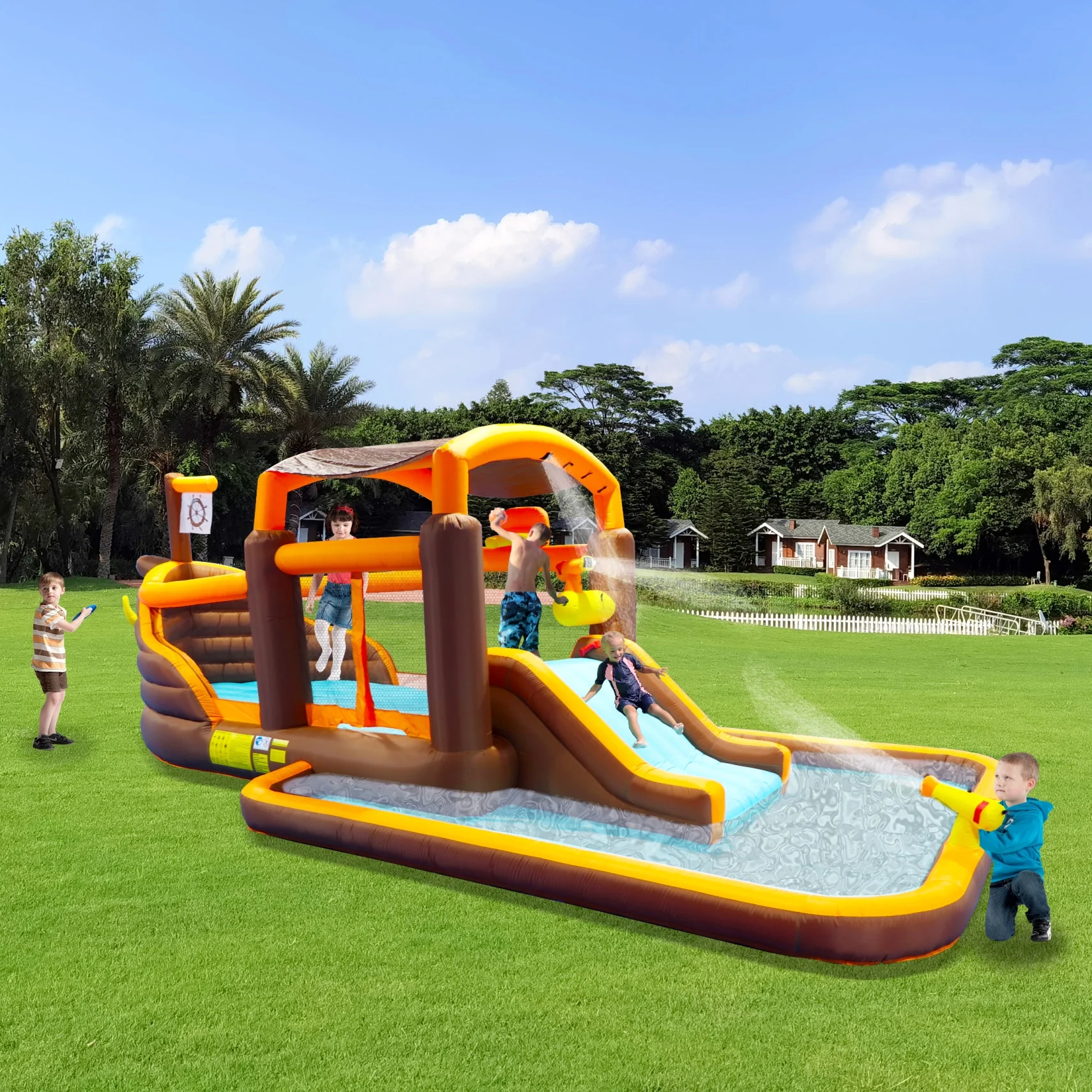 Inflatable Bounce Cruise Ship Slide Water Park with Big Play Pool,Blower and Water Slide,Trampoline Big Bouncing House Playground Slide Water Park Bouncer with Cruise Ship Design Splash Pool