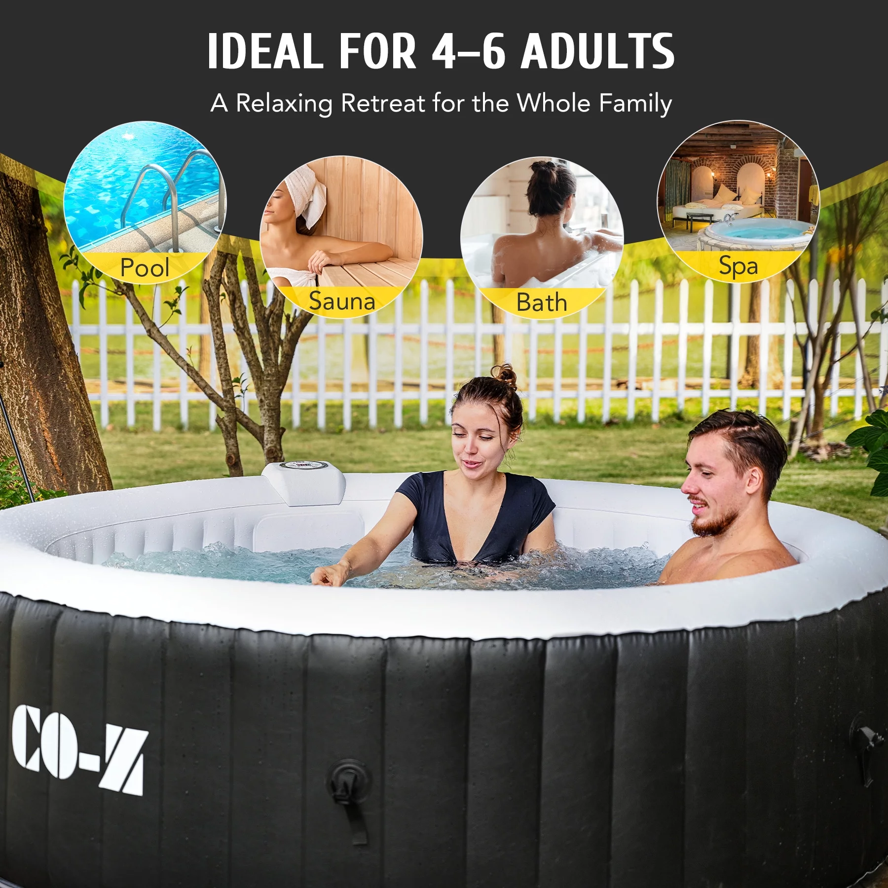 CO-Z 6 Person 7ft Inflatable Hot Tub Pool with Massage Jets and All Accessories Black