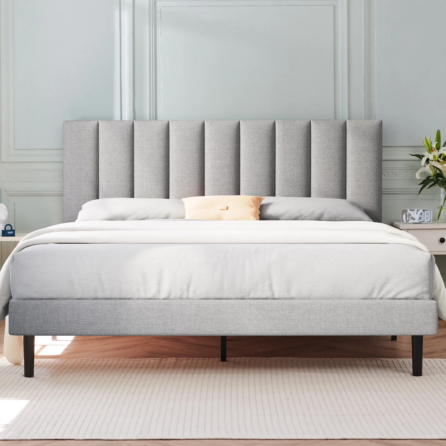 Full Bed HAIIDE, Full Platform Bed Frame with Upholstered Headboard, Beige