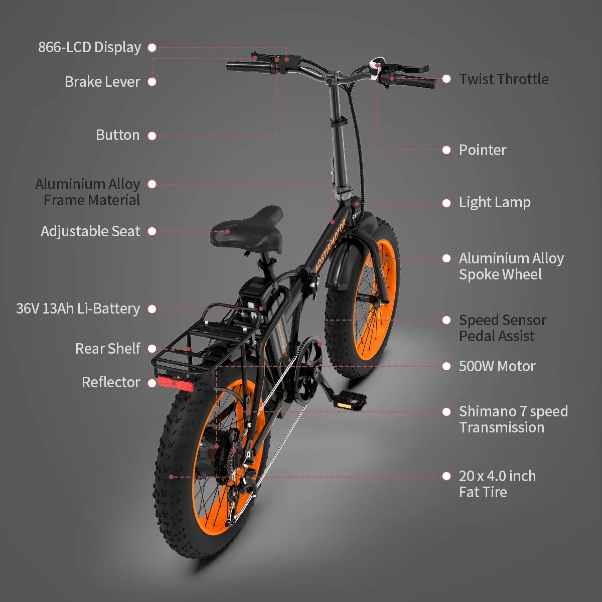 Folding Electric Bicycle TODPD 500W Motor 20″ Fat Tire With 36V/13Ah Removable Battery, Shimano 7-Speed, LCD Display for Adults Teens, Orange