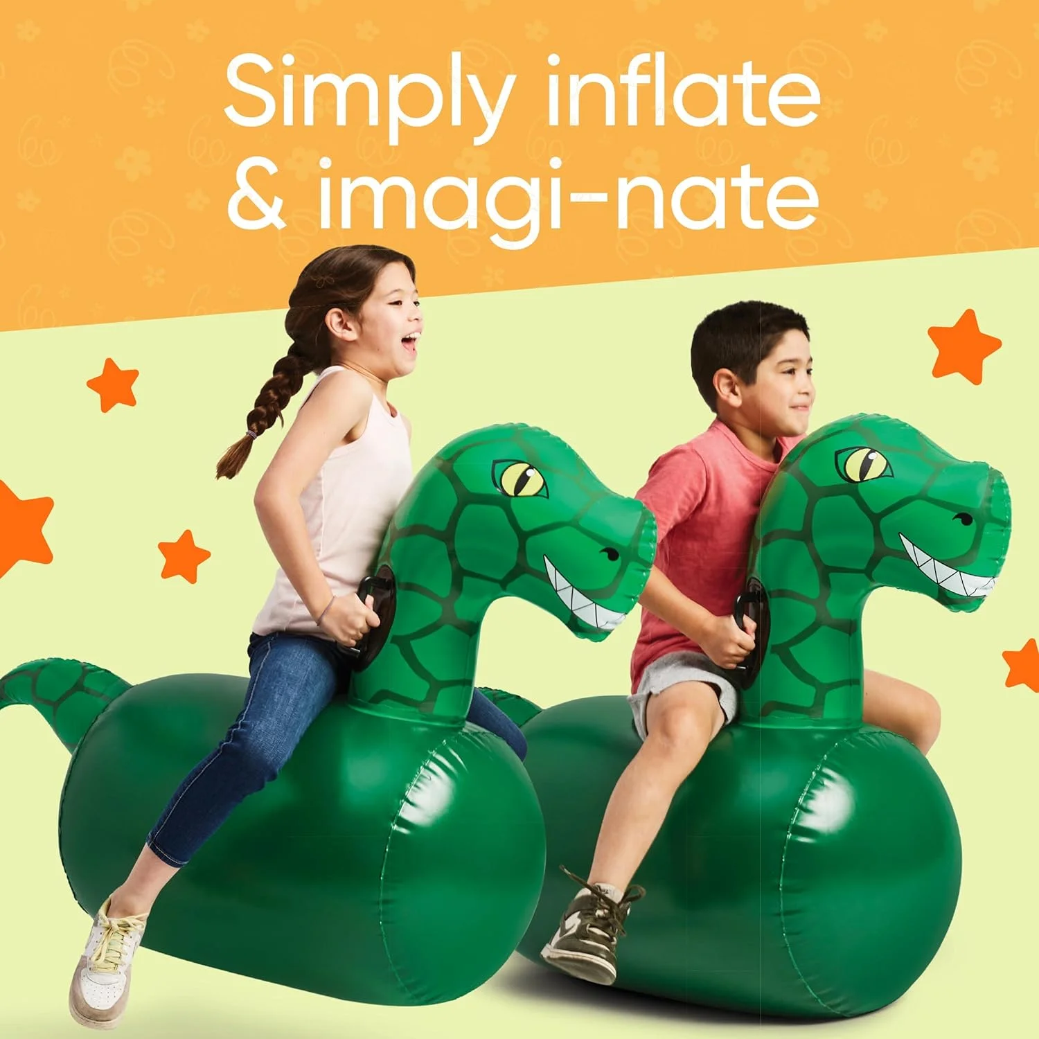 Hearthsong Inflatable Dinosaur Toy Hop ‘n Go Bouncing Ride for Outdoor Play, 48″ x 20″ x 42″ 2-Pack