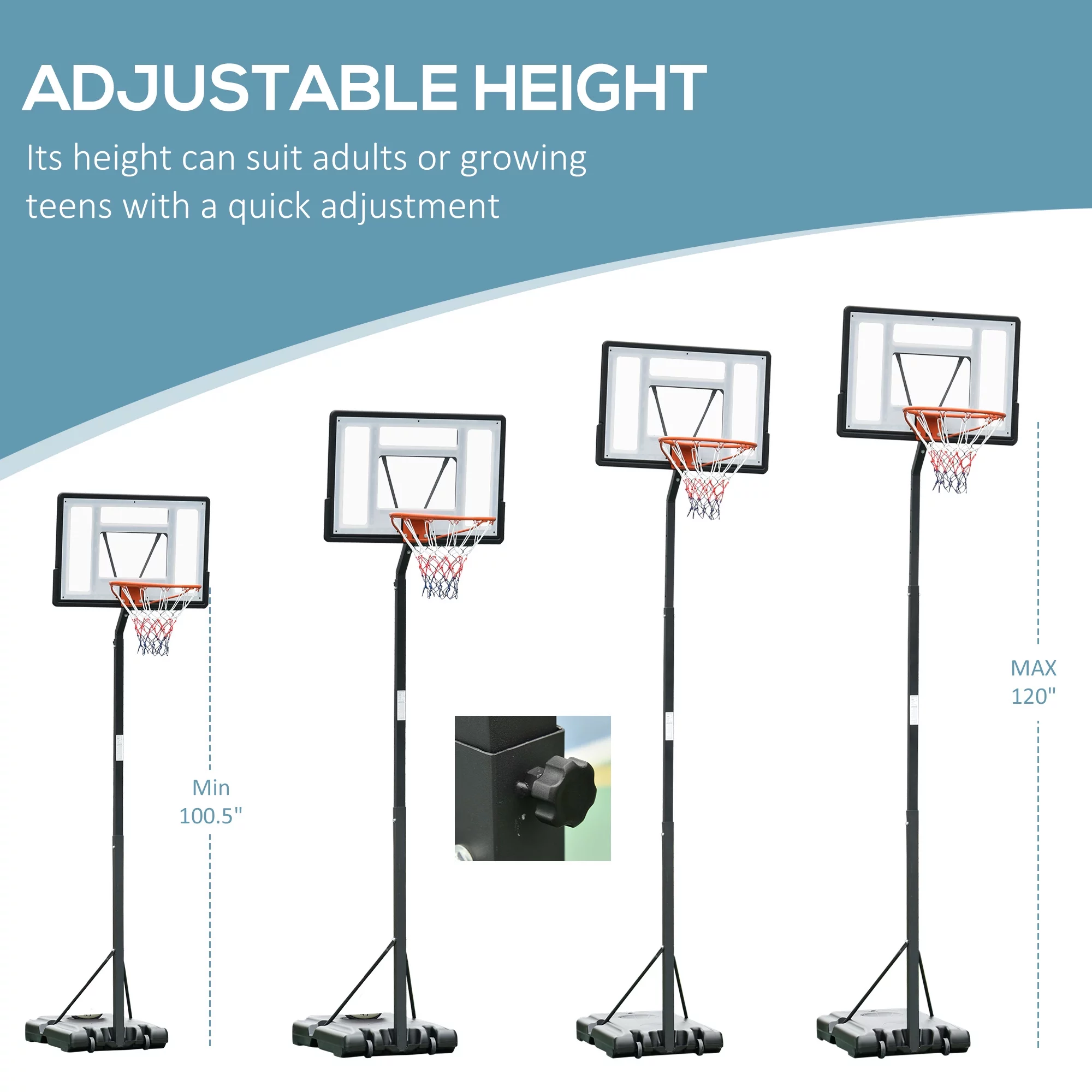 Soozier Portable Basketball System Hoop Stand with 34 In., Backboard, Wheels, Height Adjustable 8 Ft. to 10 Ft. for Indoor and Outdoor Use