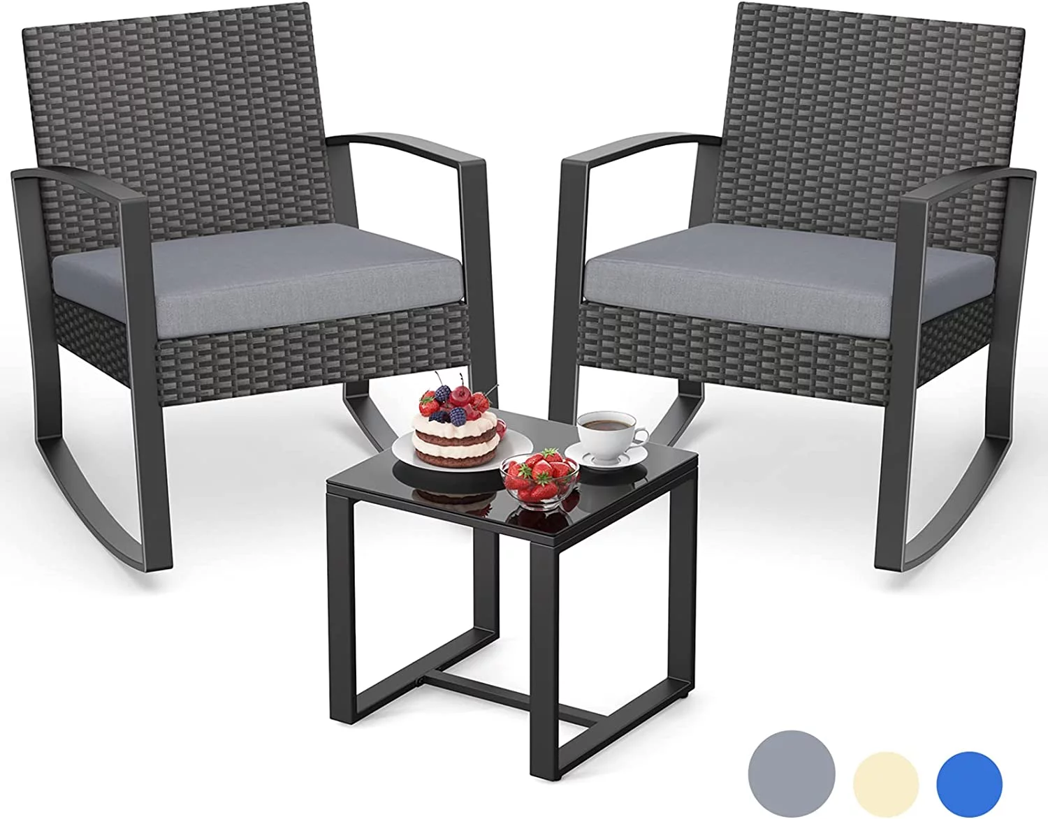 Lofka 3-Piece Patio Wicker Chairs Set with a Coffee Table, Balcony Furniture for Yard, Patio, Modern Garden and Bistro, Gray Cushion