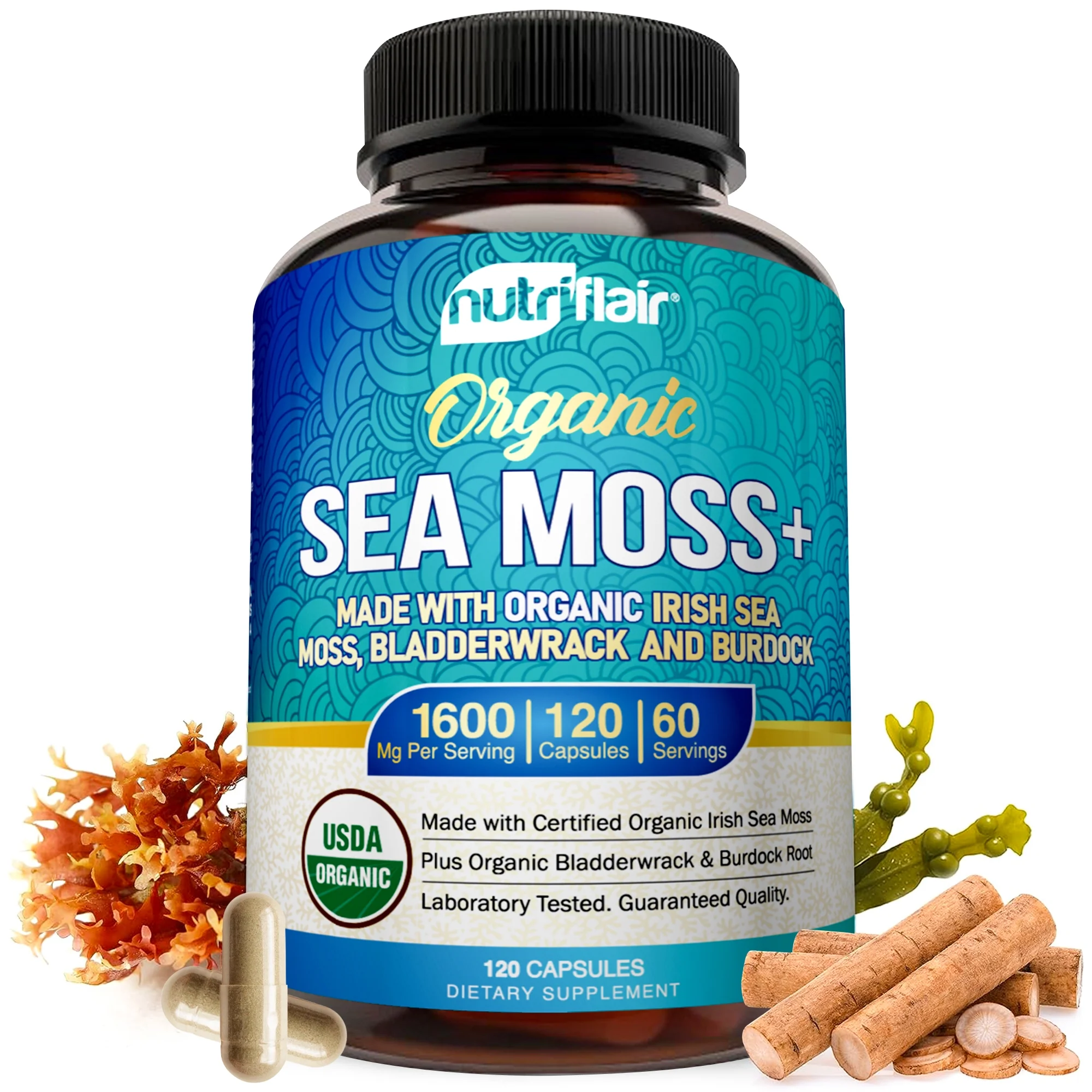 NutriFlair USDA Certified Organic Sea Moss Capsules 1600mg, 120 Capsules – Immunity, Gut, Energy – Superfood Sea Moss Supplements with Raw Sea Moss Powder for Women and Men