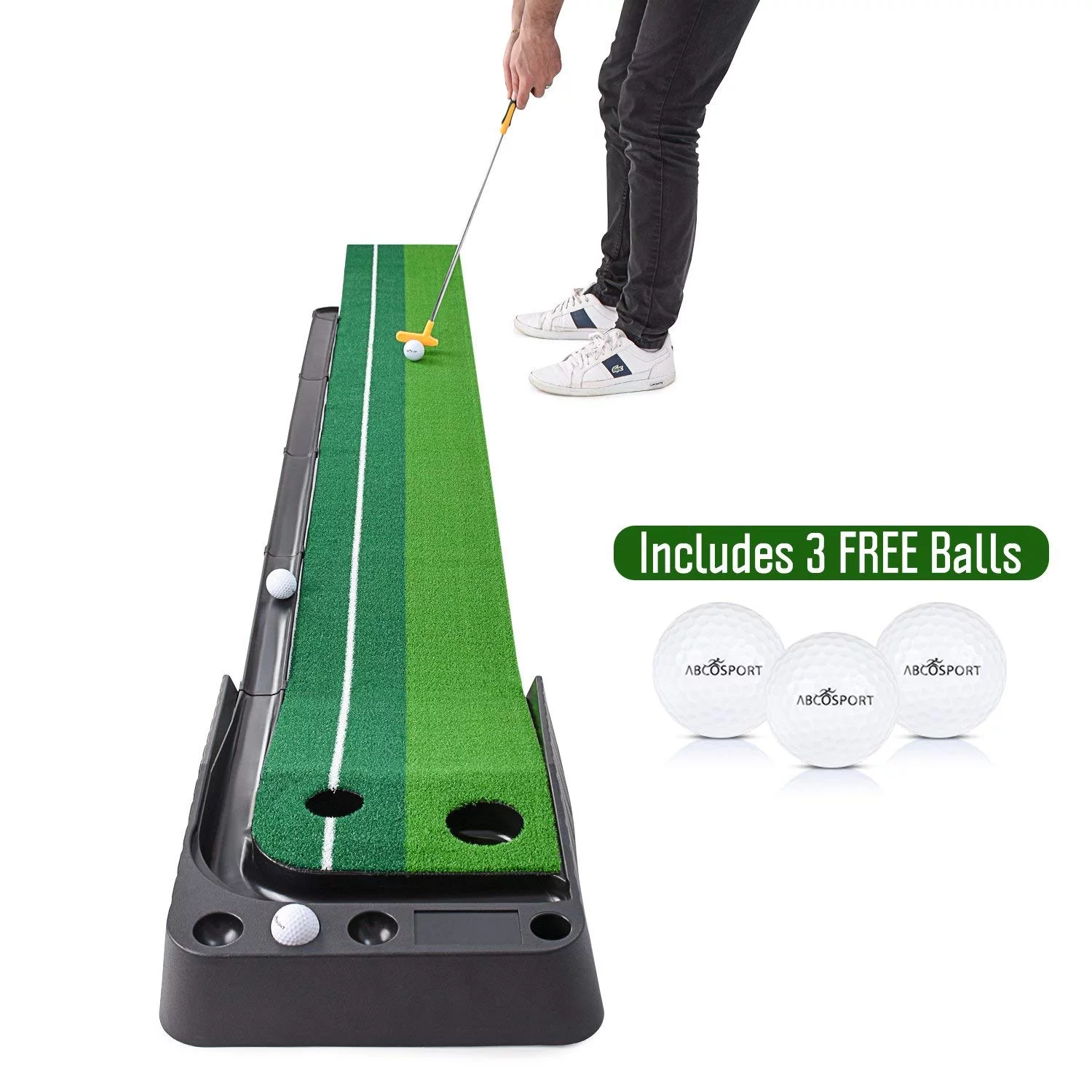 Abcosport Indoor Golf Putting Practice Mat ?C Auto Ball Return Function ?C Life-Like Portable Golf Court Real-Like Grass ?C Extra-Long Golf Mat ?C 3 Bonus Balls