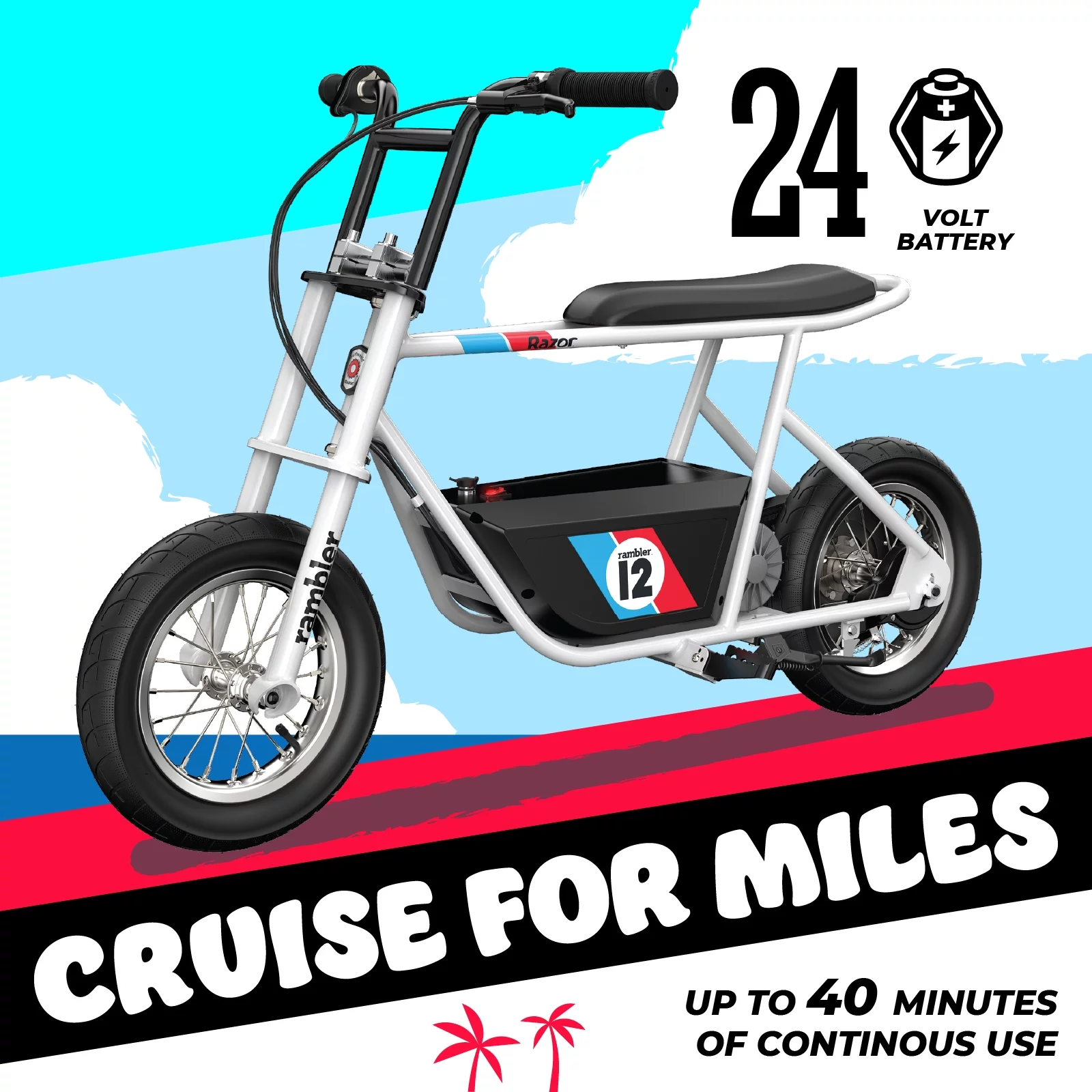 Razor Rambler 12 – White, 24V Electric Scooter, Up to 14 mph, 12″ Air-Filled Tires, 250-watt Motor, Retro Style Electric Minibike for Ages 13 and Up