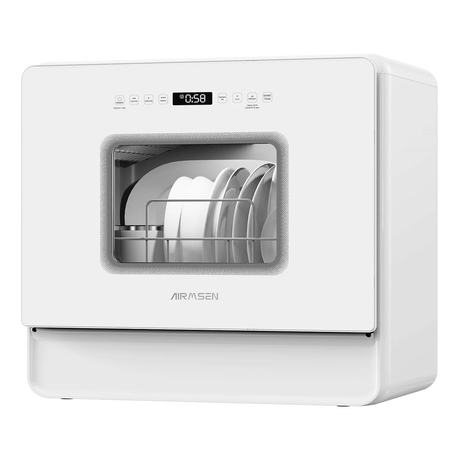 AIRMSEN Portable Countertop Dishwasher with 5L Built-in Water Tank, Mini Dishwasher with 5 Place Settings, 7 Programs, Upgrade 3 Sprays, Touch Control, White