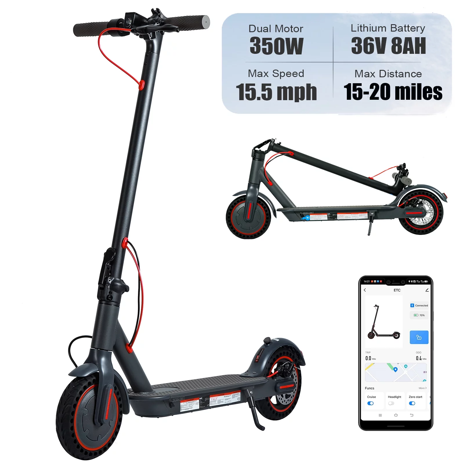 350W Electric Scooter 8.5″ Solid Tires 20Miles 15.5MPH Folding Adults Commuting Ebike