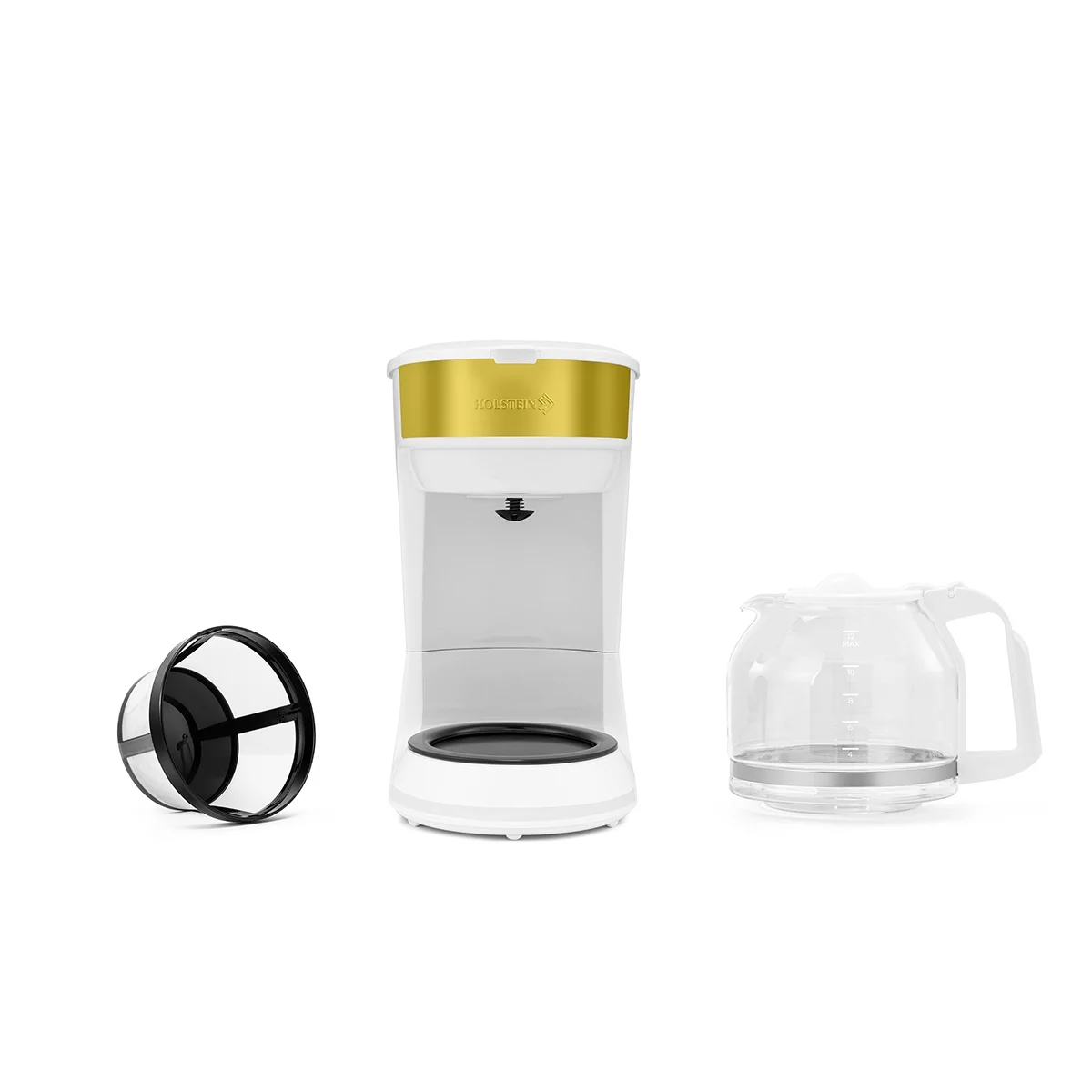 Holstein Housewares 12-Cup Drip Coffee Maker with Auto Keep Warm and Permanent Filter – Compact and User Friendly Design with Auto Pause and Serve Functions, White and Gold