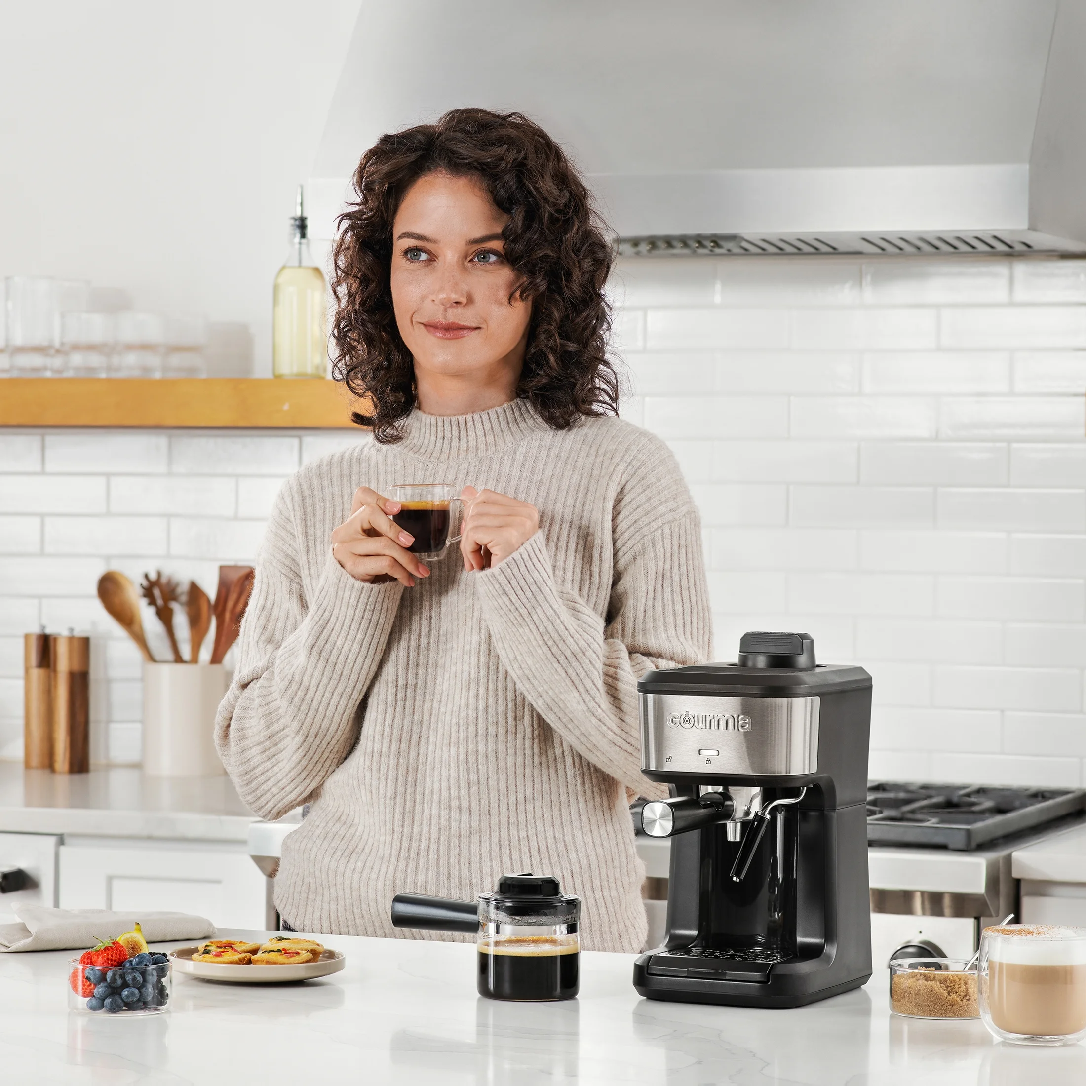 New Gourmia 4-Shot Steam Espresso, Cappuccino, and Latte Maker with Frothing Wand