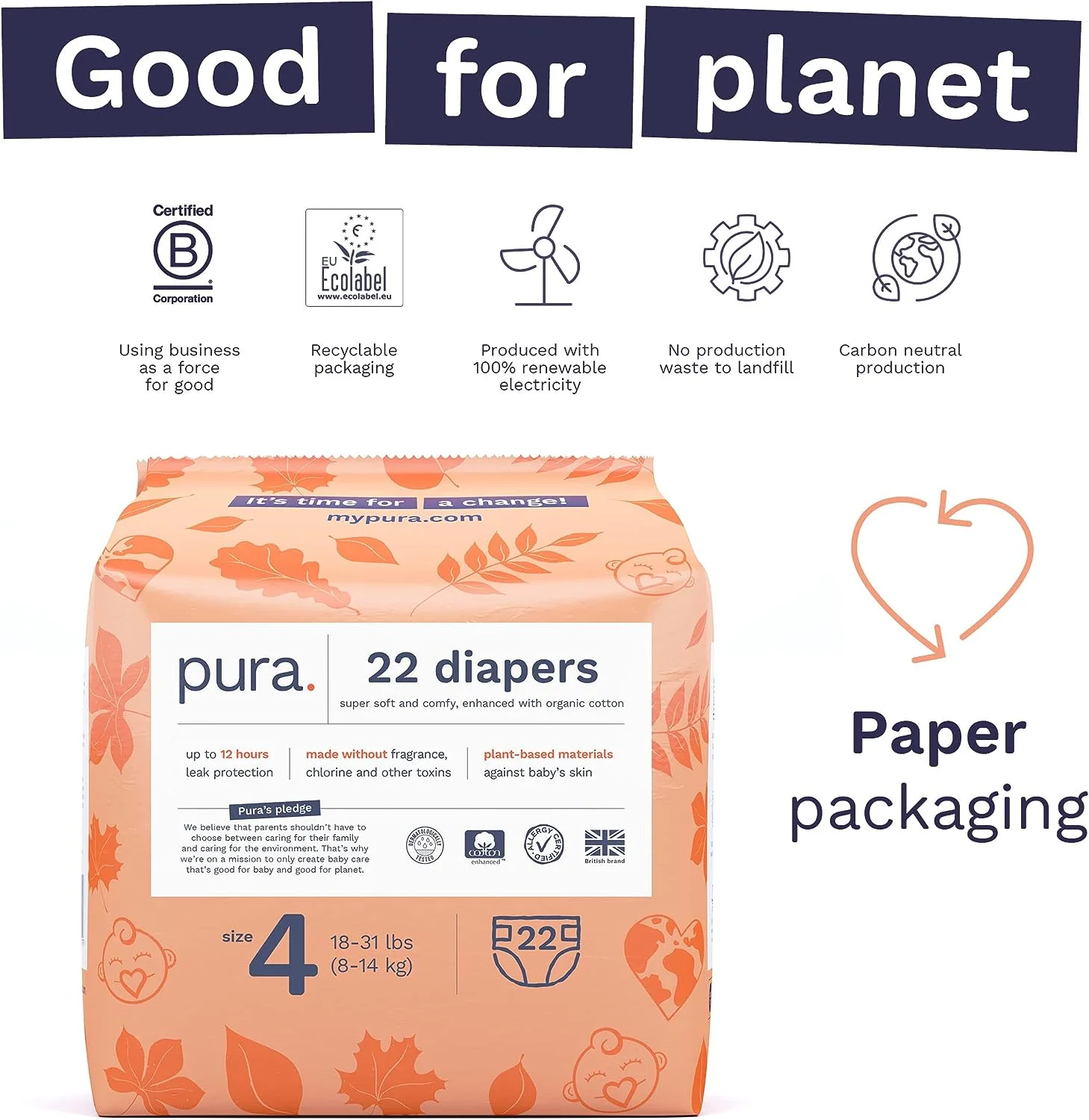 Pura Sensitive Soft Sustainable Diapers Size 4, 66 Count (Choose Your Size and Count)