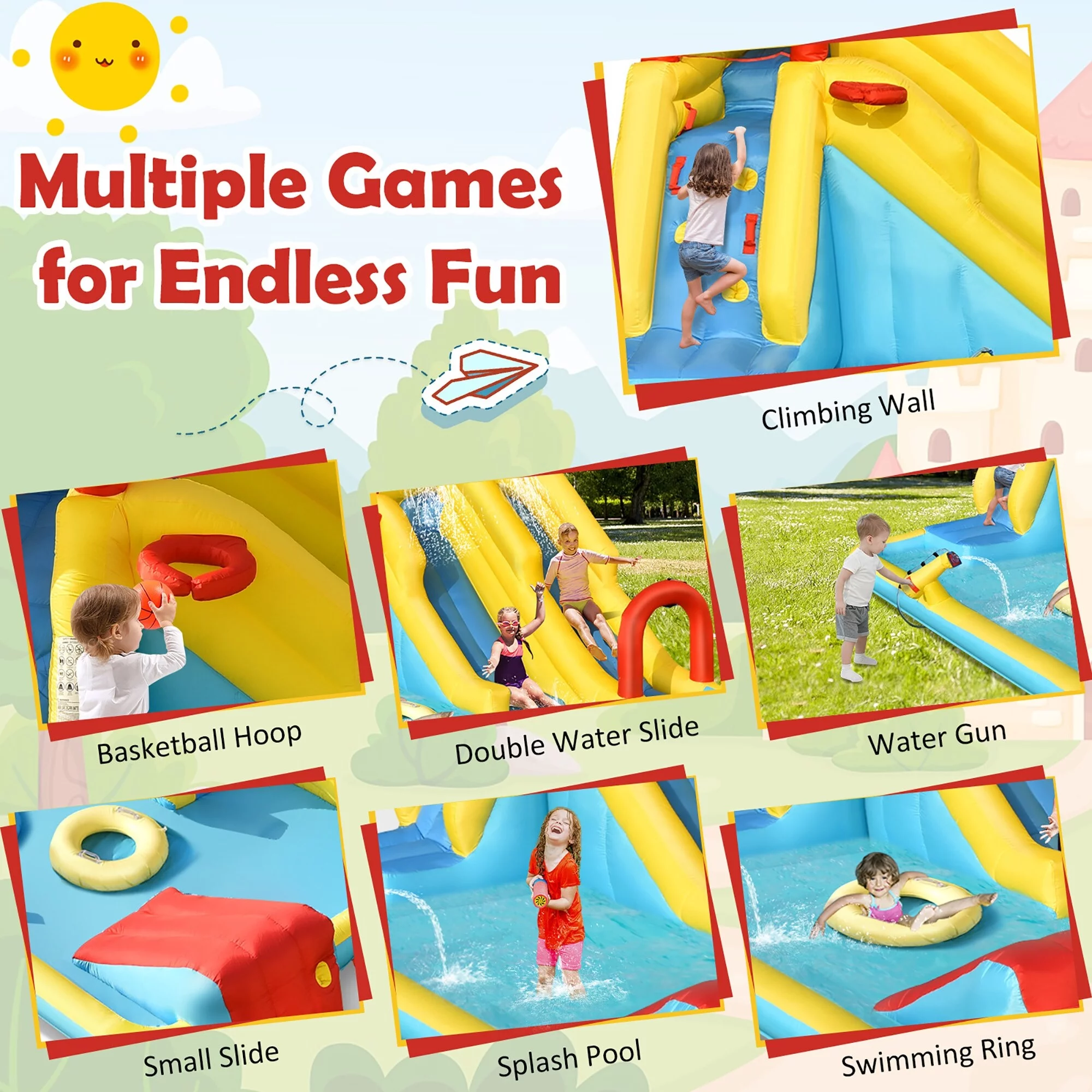 7 in 1 Inflatable Water Slide Giant Double Long Slide Water Park – 245”x 132”x 88.5”