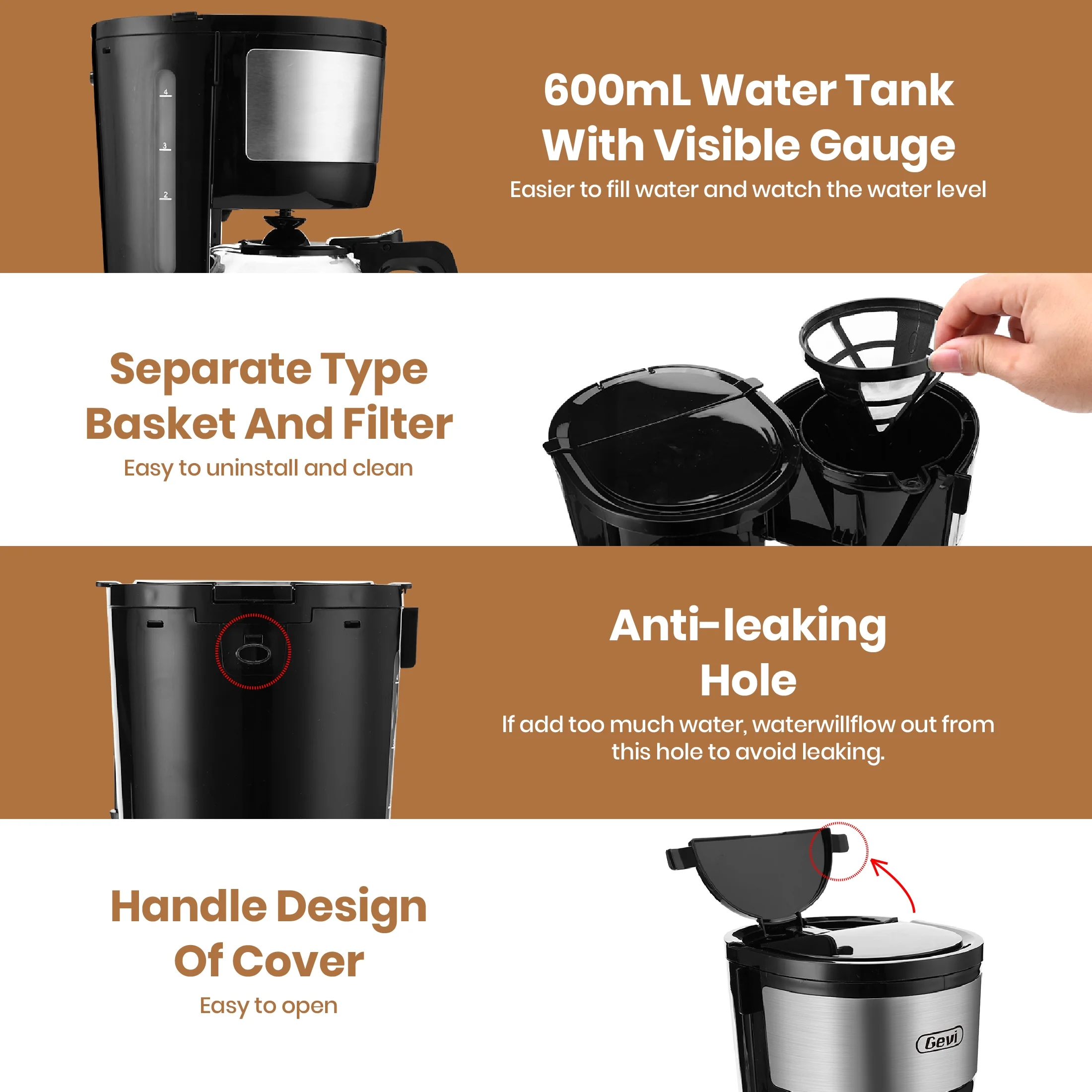 Gevi 4-Cup Drip Coffee Maker Compact Coffee Pot with Cone Filter, Glass Carafe and Hot Plate