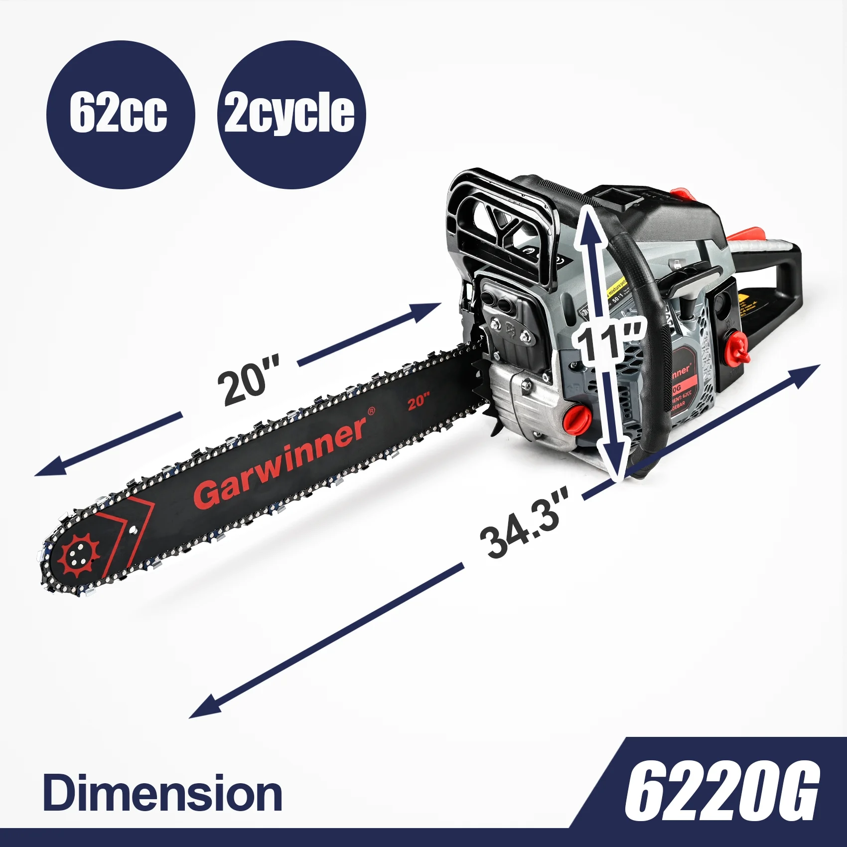 Garwinner Gas Chainsaw 20” 2-Stroke 62CC Cordless Chainsaw 6220G for Farm, Garden and Ranch for Cutting Wood