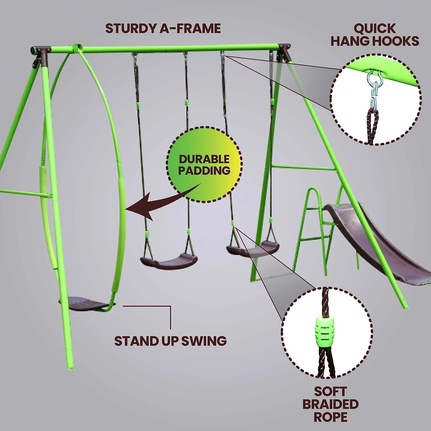 Swurfer Steel Triple a-Frame Swing Set with Swing and Slide, Outdoor Playset for Kids, Ages 3+