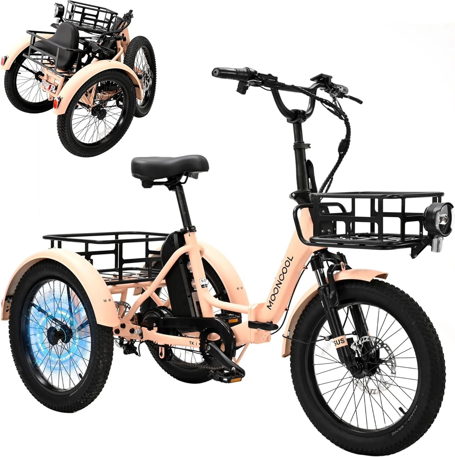 Mooncool 24″ 26″ 3 Wheel Electric Tricycle for Adults, 350W 36V 7 Speeds Motorized Electric Trike Three Wheel Electric Bikes Bicycle with Large Basket for Women Men