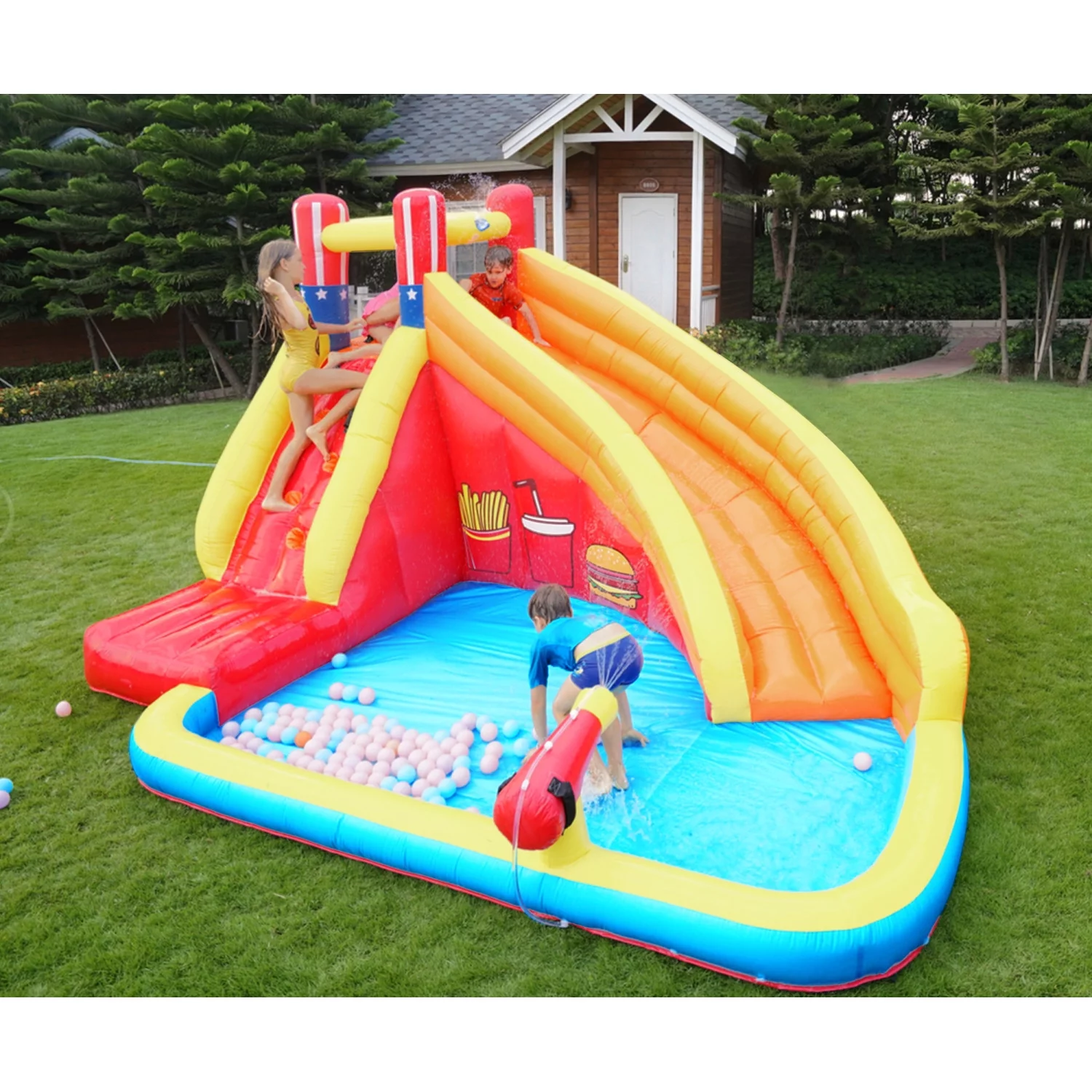 Inflatable Outdoor Backyard Water Slide Splash Toy with Climbing Wall, Splash Pool, Water Cannon, Heavy Duty Blower, Water Sprinkler, Stakes, Repair Patches, Storage Bag for Outdoor Summer Fun