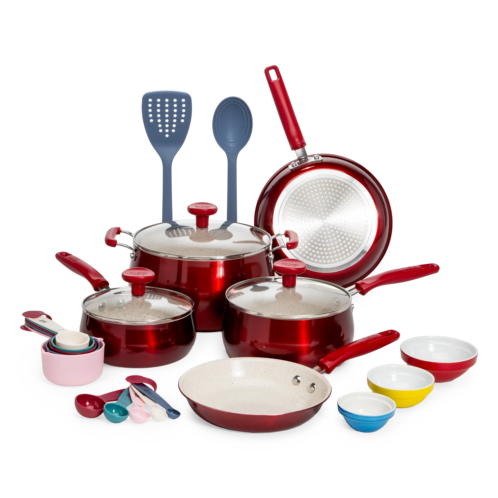 Tasty Clean Ceramic 23 Piece Non-Stick Aluminum Cookware Set, Red