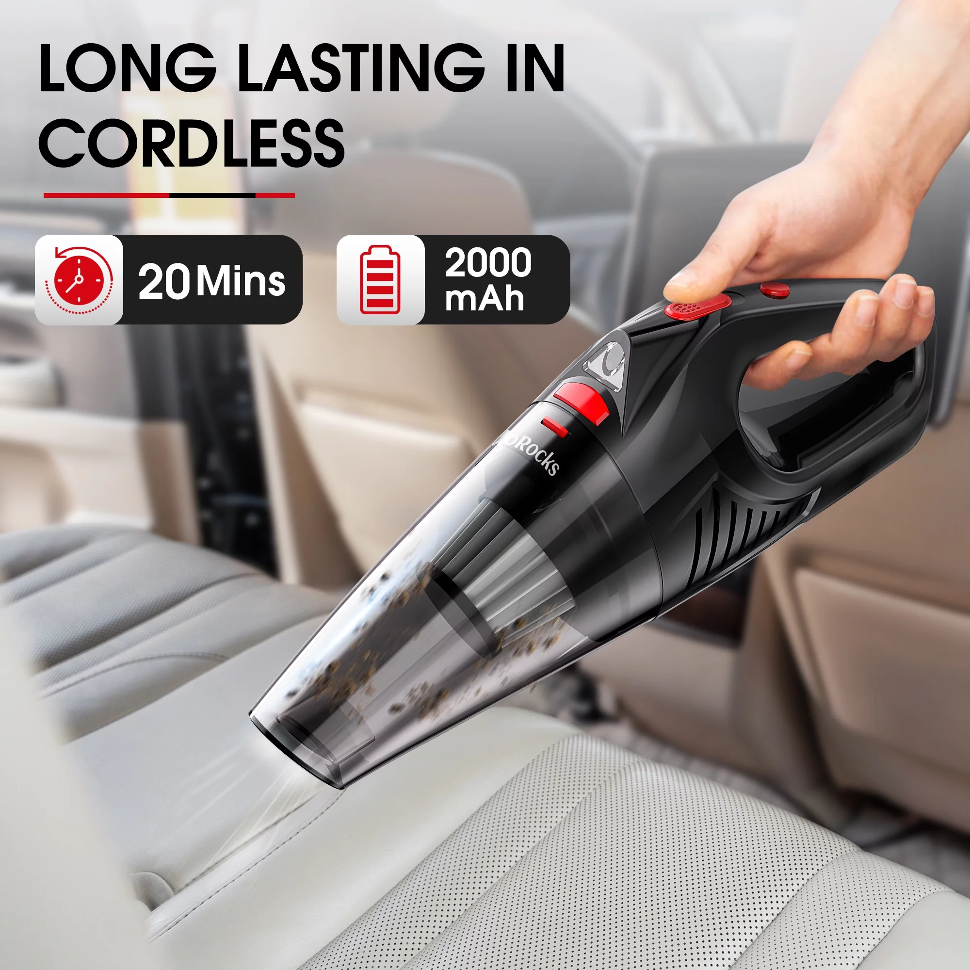 JoRocks Car Vacuum Cleaner Cordless, Portable Cyclone Handheld Duster with LED Lights for Home & Car, Black