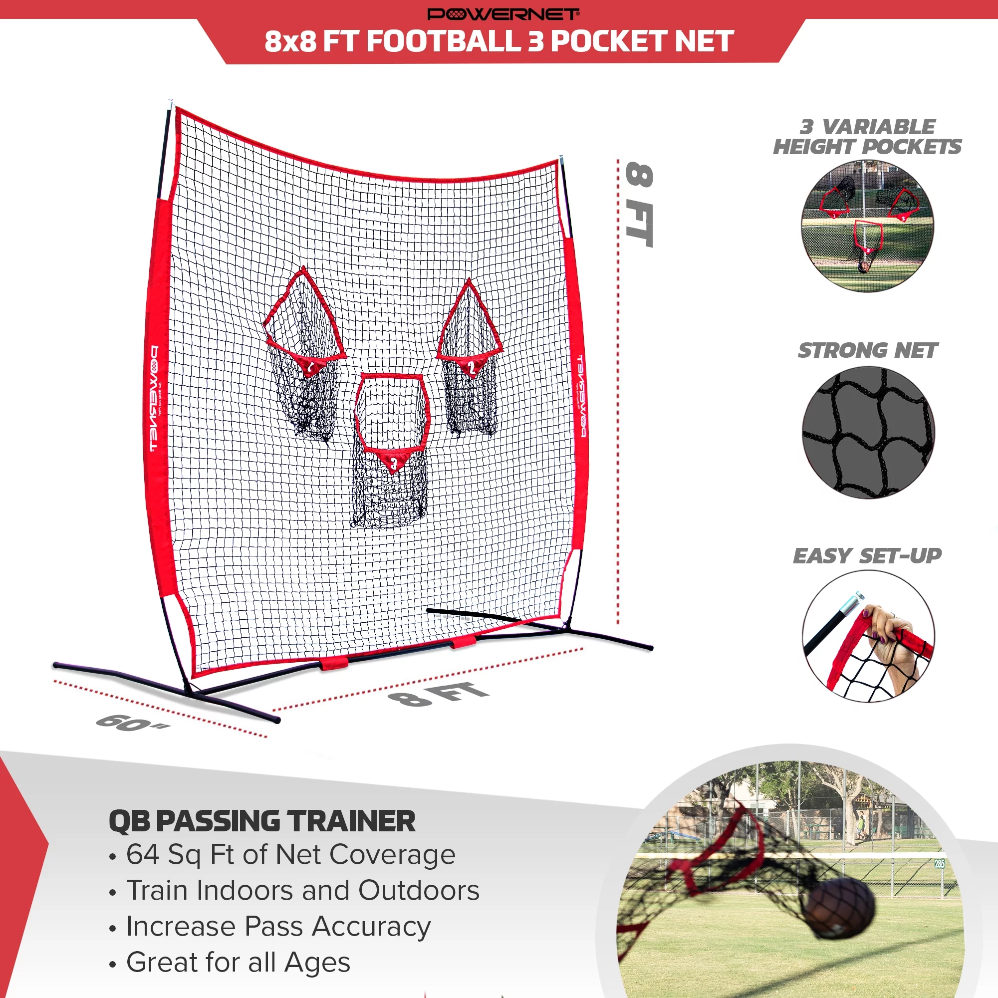 PowerNet 8×8 Ft Football 3 Pocket Net | Improve Throwing Passing Accuracy | Durable Training Equipment for Everyday Quarterback Use