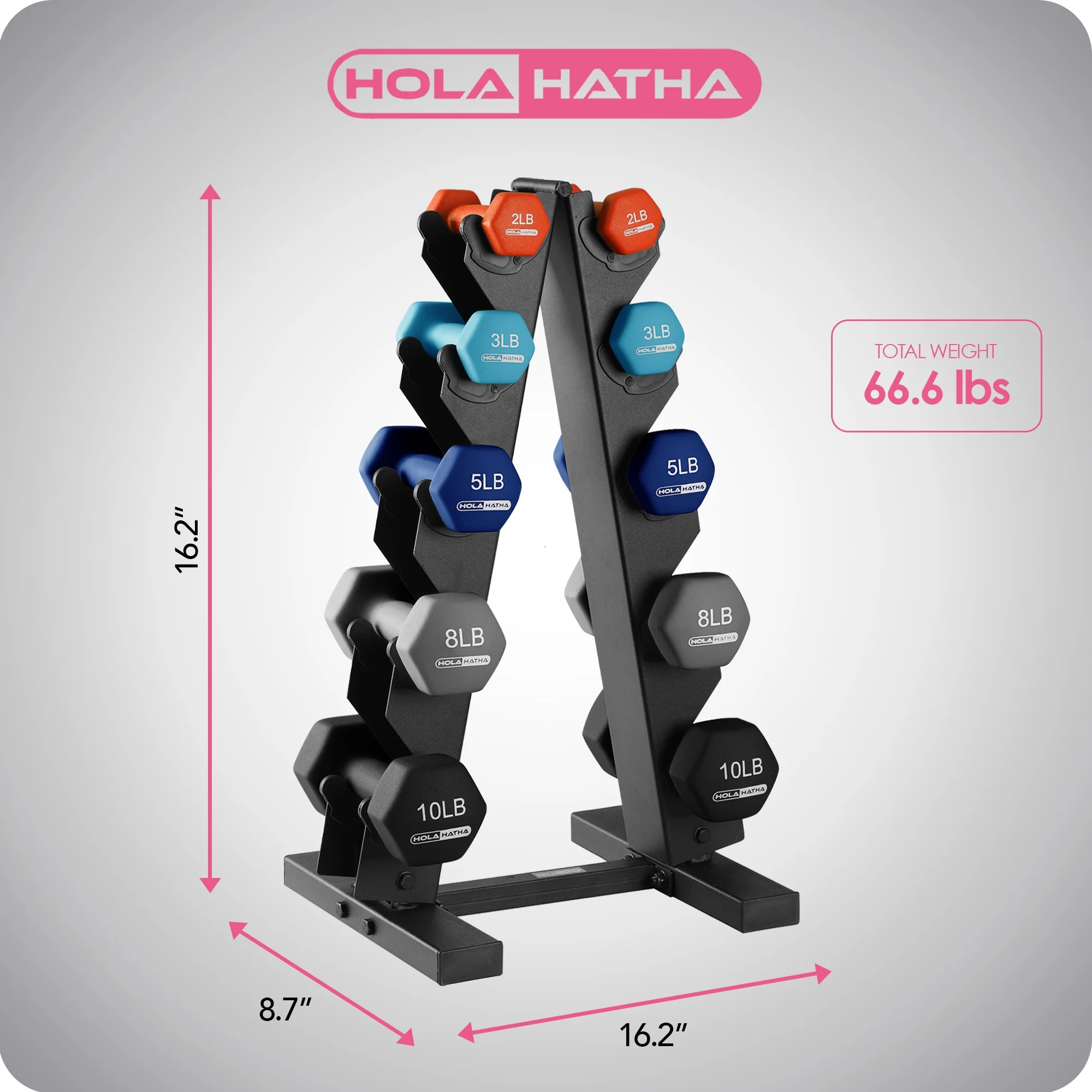 HolaHatha 2, 3, 5, 8, and 10 Pound Neoprene Dumbbell Weight Set with Rack