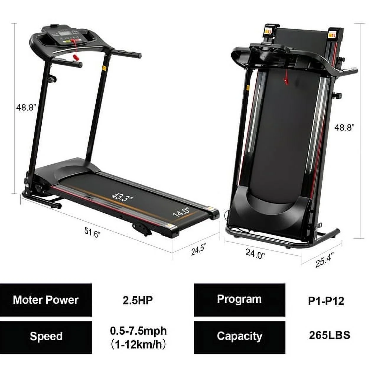 Holiday Clearance Folding Incline Treadmill for Home with Smart LCD Display, 265lbs, 12 Programs 3 Modes, Bluetooth, 2.5HP Electric Foldable Treadmill Running Machine