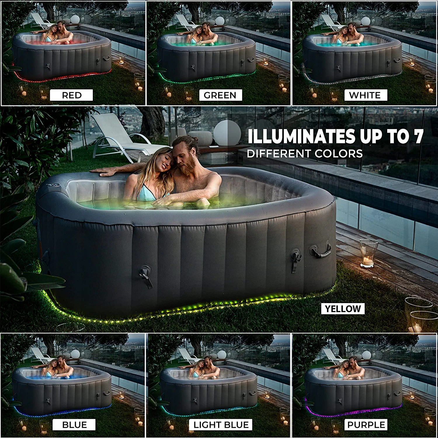 SereneLife Outdoor Portable Hot Tub  6-Person Square Inflatable Heated Pool Spa with 130 Bubble Jets, Gray