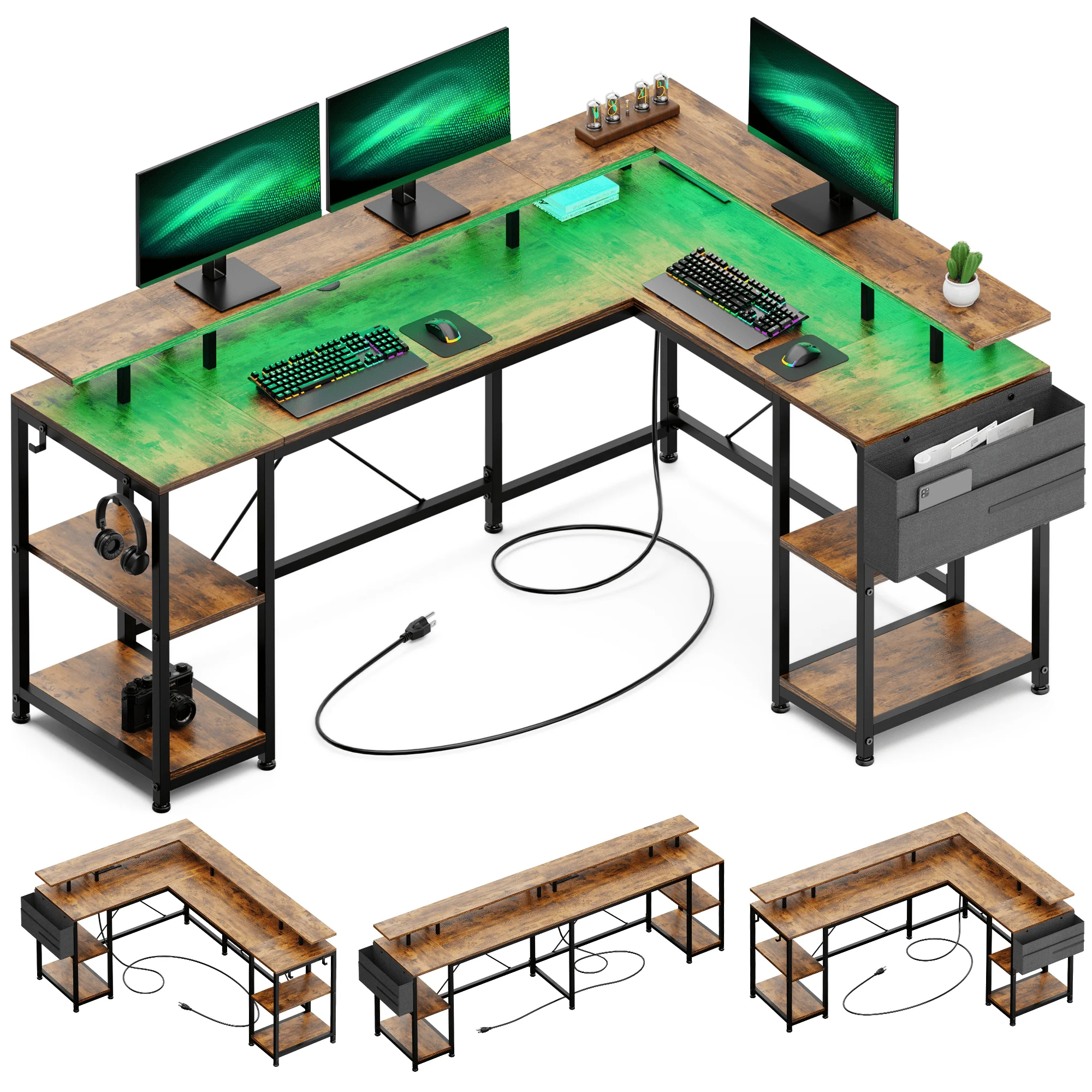 GIKPAL 95?? L-Shaped Computer Desk with LED Light Gaming Desk with Power Outlet, Home Office Desk with Monitor Stand, Storage Shelf and Storage Bag Corner Desk, Black