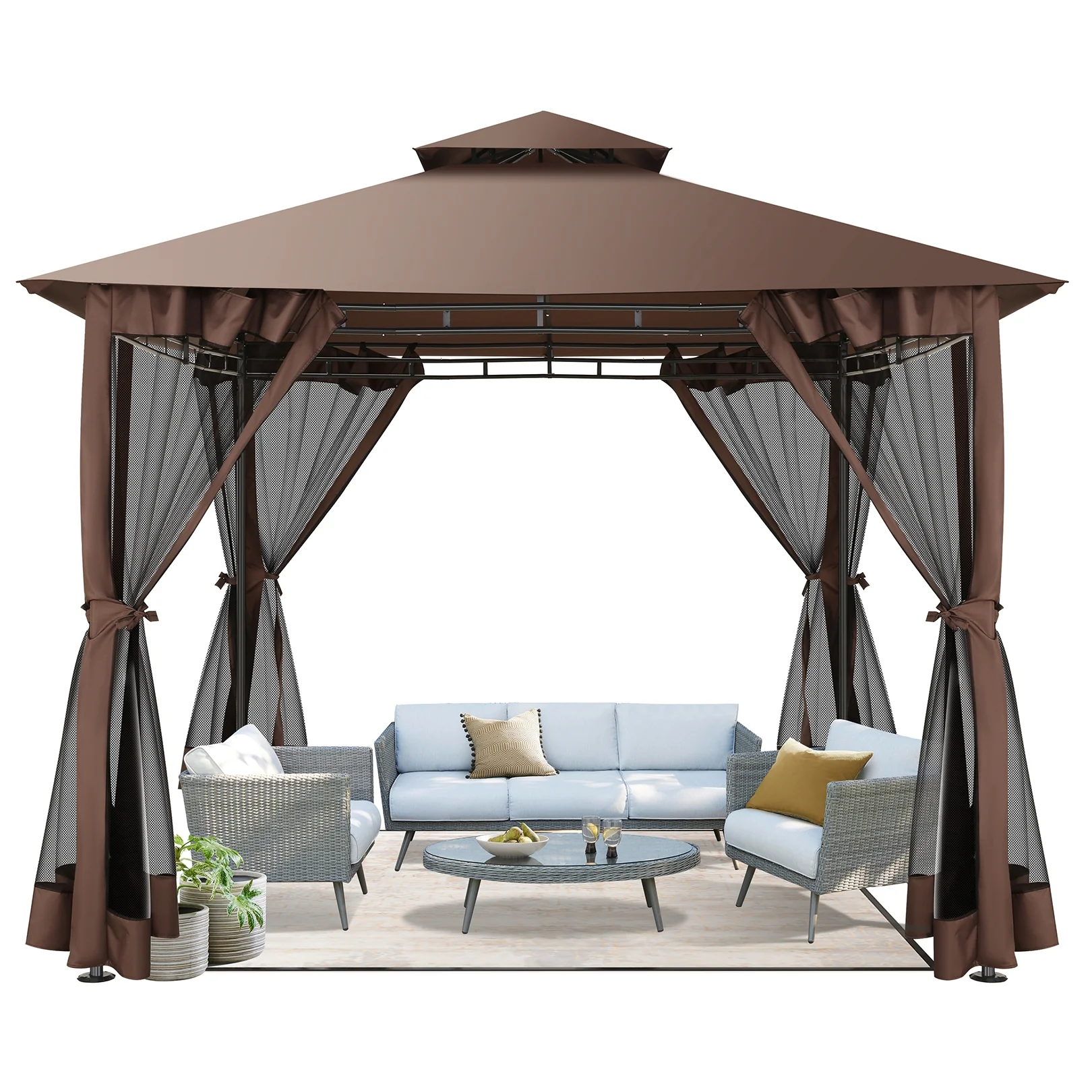 COBIZI Easy Assembly Outdoor Furniture Patio Canopy,10×10 Outdoor Gazebo with Mosquito Netting,Shade Tent for Party, Backyard, Deck, Patio Lawn & Garden,Khaki