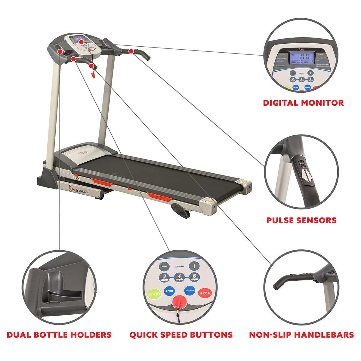 Sunny Health & Fitness Powerful Electric Treadmill for Home, Foldable, Manual Incline, Built-In Programs, Pulse Sensor, SF-T7603