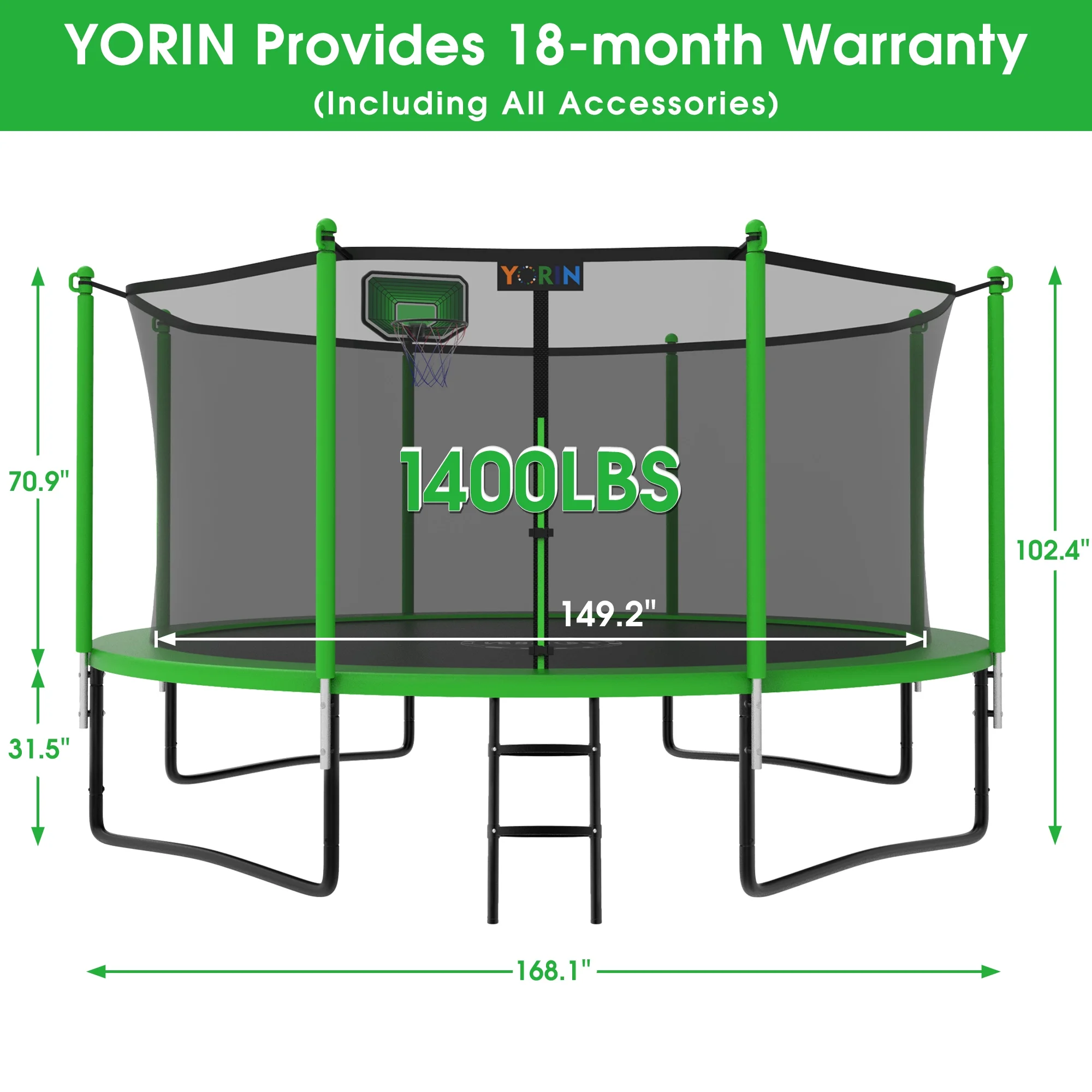 YORIN 1500LBS 15′ Trampoline for Kids Adults ASTM & Chemical Test Approved