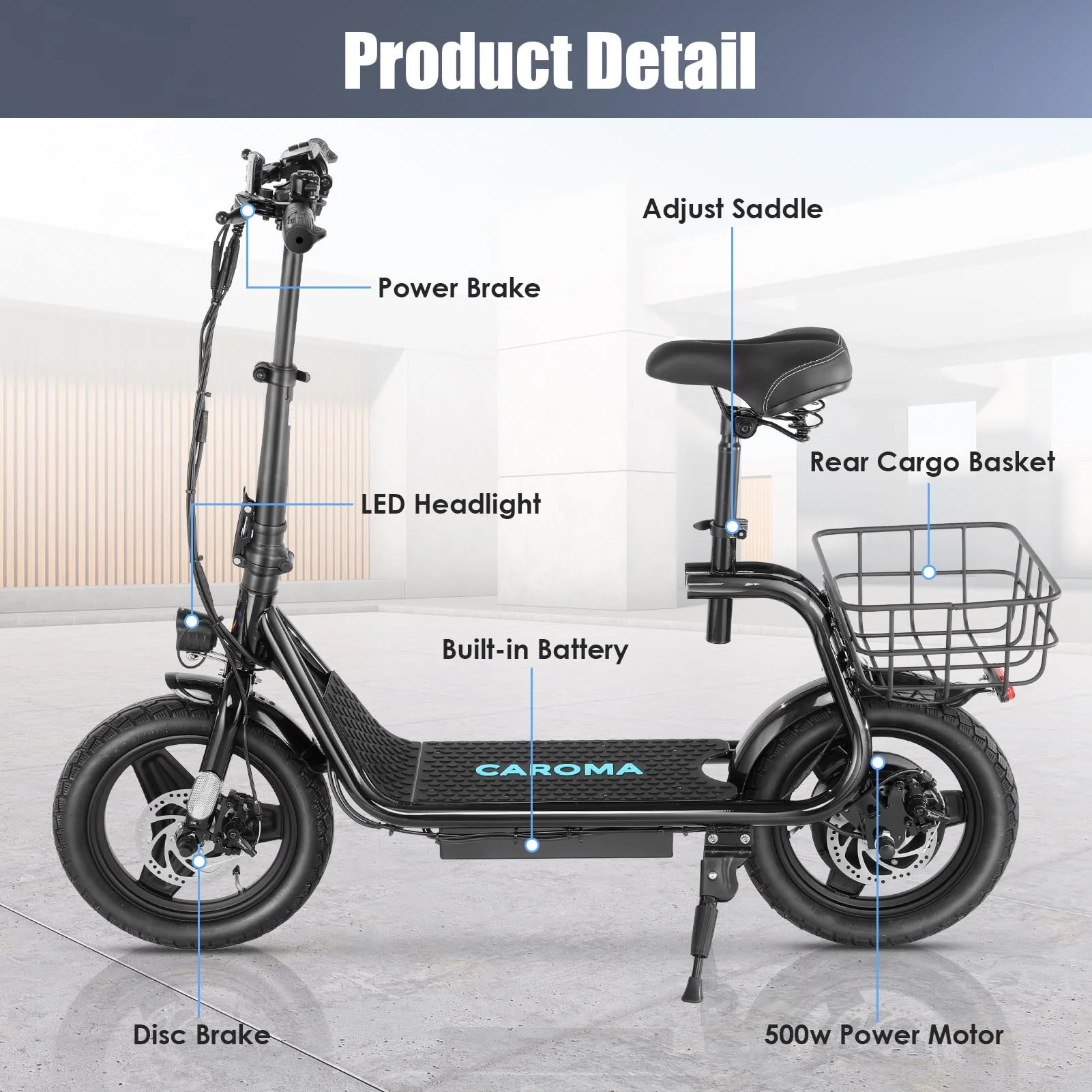 Caroma 500W Electric Scooter with Seat for Adult, 20 Mph Bike with Basket, 300lbs Max Load and 14″ Fat Tire E Mopeds