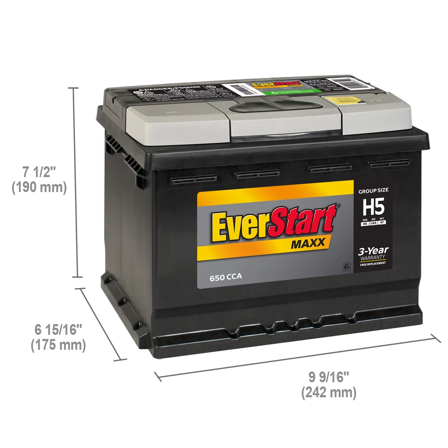 EverStart Maxx Lead Acid Automotive Battery, Group Size H5 / LN2 / 47 12 Volt, 650 CCA