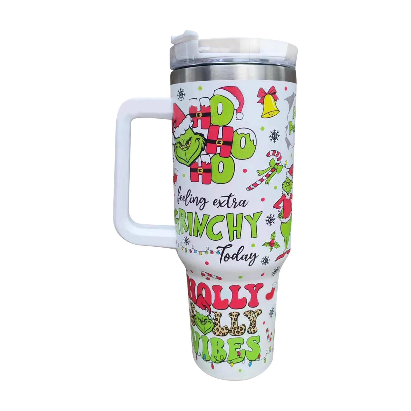 40 oz Tumbler with Handle and Lid, Grinch Tumbler Cup, Stainless Steel Grinch Cup Reusable Insulated Cup and Water Tumbler Cup with Grinch Pateern, Best Christmas Gifts for Car Cup Holder,Travel,Gym