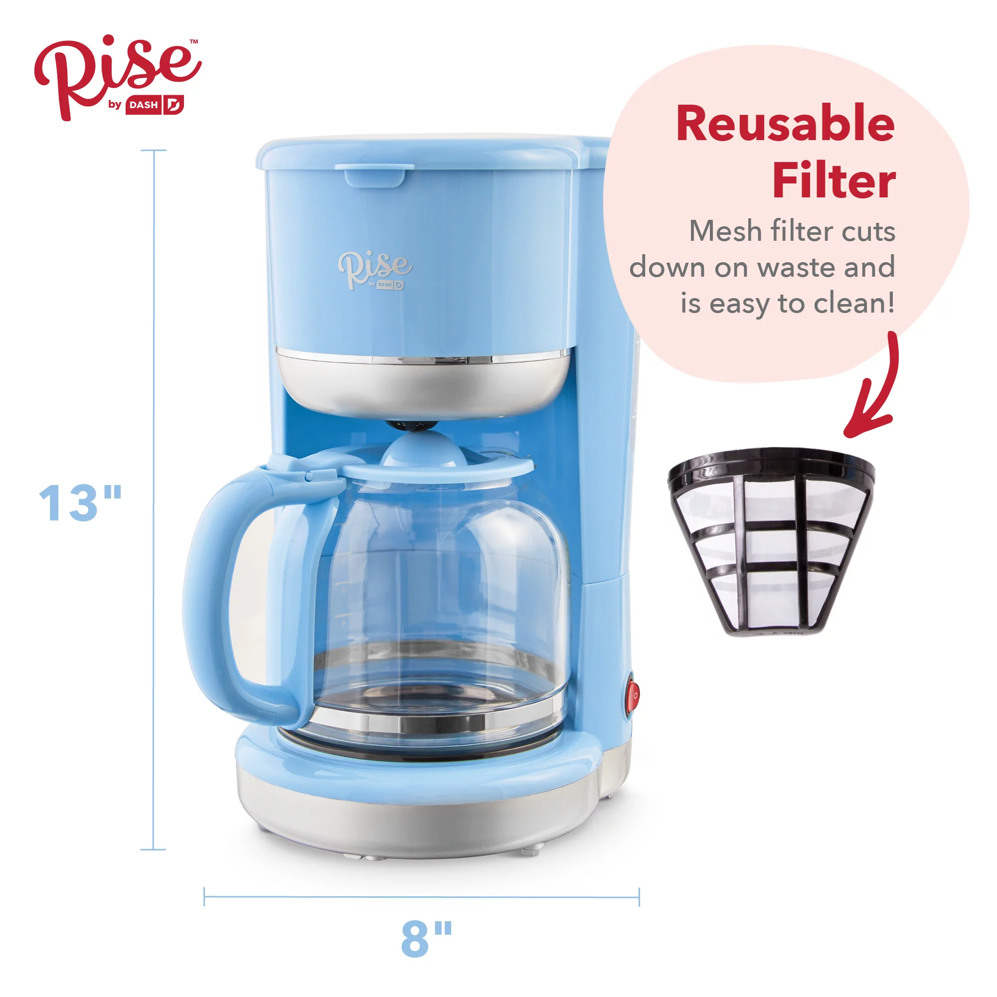 Rise By Dash Drip Coffee Maker, Reusable Mesh Filter Basket, Glass Carafe, 10 Cups – Blue