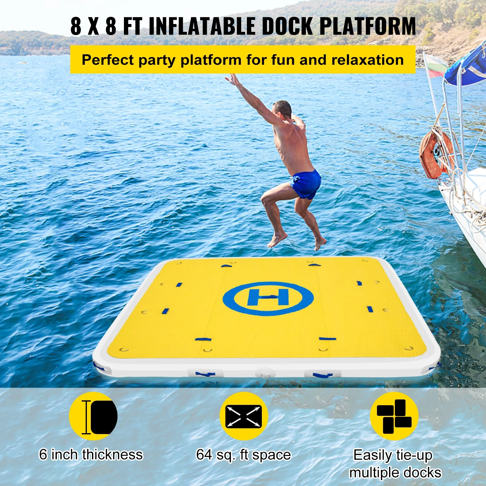 VEVORbrand Inflatable Dock Platform PVC Floating Dock 8 x 6 ft 3-4 Person with 2 Pumps